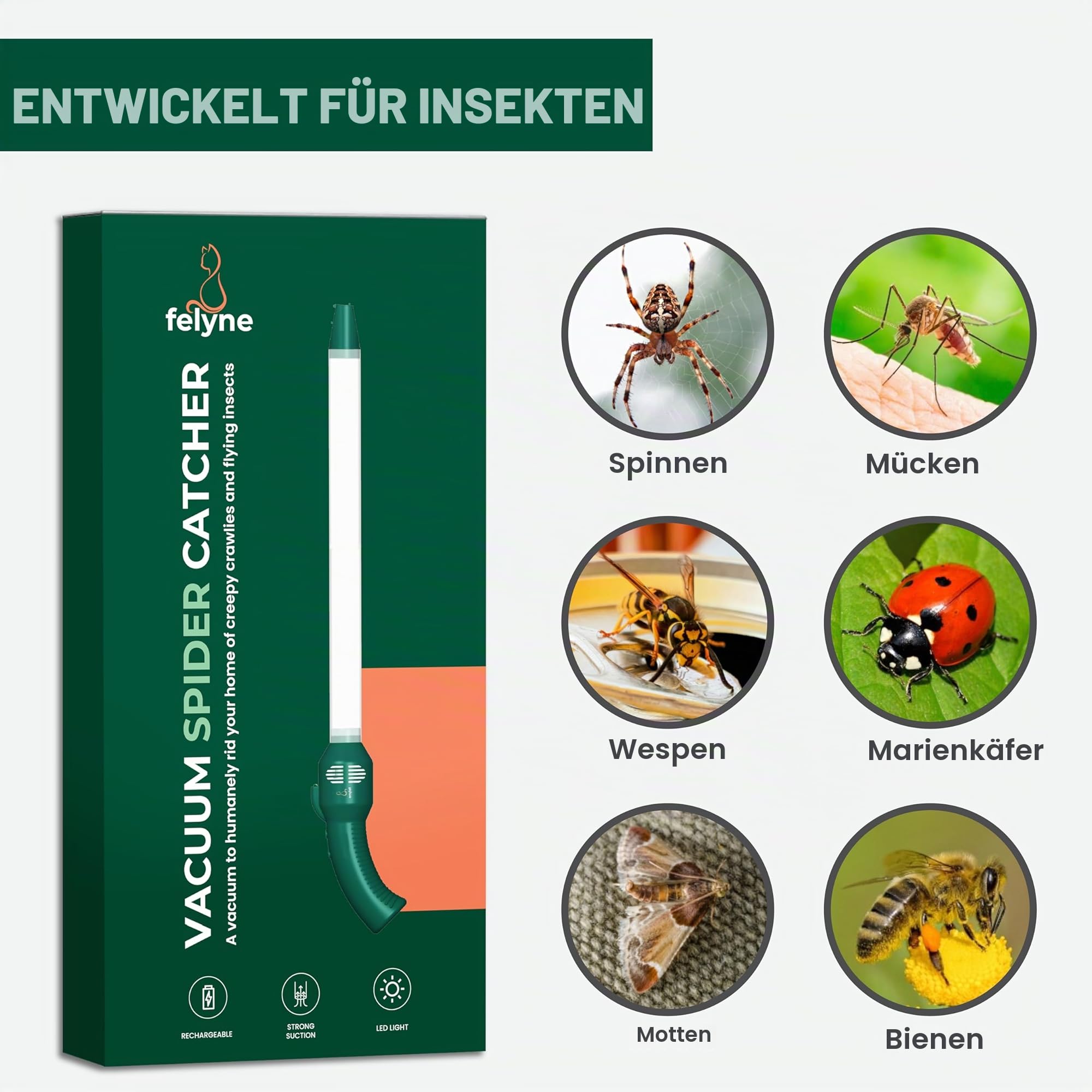 Aufladbarer Insekten- und Spinnenfänger Vakuum, Starke Saugkraft, Lange Reichweite, Handgerät für Insektenfalle für drinnen & Garten, für Kinder & Erwachsene von Felyne