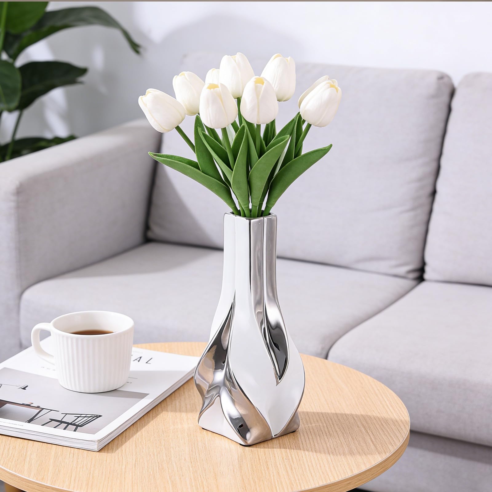 Jarrón de cerámica blanco y plateado de 10.6 pulgadas de alto, decoración moderna y elegante para el hogar, sala de estar, centro de mesa, escritorio, oficina, perfecto para hierba de las