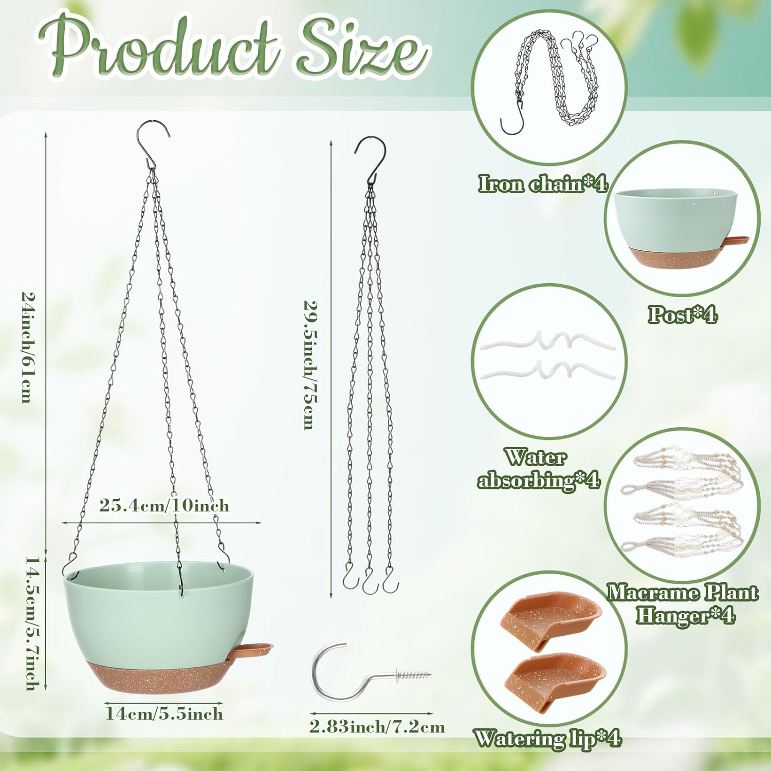 Sliner Set of 4-10 Inch Self Watering Hanging Planters Includes Hanging Pots and Outdoor Hanger Plant Pots with Drainage Holes 2 Types of Hanger Basket Hooks for Patio Garden(Green Brown)