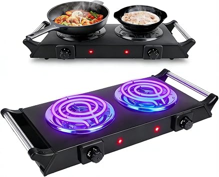 2000W Double Coil Electric Burner, Portable Countertop Stove with 5-Level Temperature Control, Cast Iron Hot Plate for RV, Home, and Camping, 110V, Easy to Clean with Stay-Cool Handles