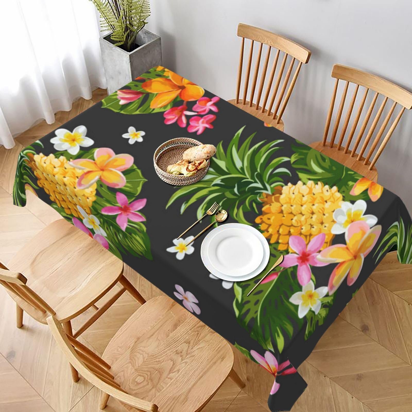 BNVSADC Tropical Pineapple Hawaiian Printed Rectangle Tablecloth 228x152 CM, Water Resistant Polyester Table Cloth Decorative Fabric Table Covers for Kitchen Dining Table Parties Camping