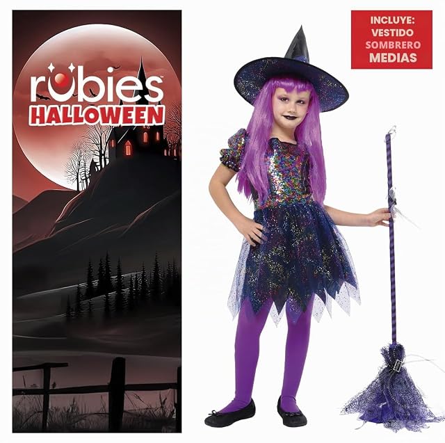 Foto 2 de 5 de Rubies Disfraz Bruja Brilli Brilli para niñas, Vestido, sombrero y medias, Oficial Halloween, Carnaval