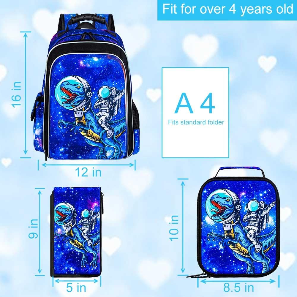 UFNDC Dinosaurier-Rucksack für Jungen, Vorschul-Büchertasche mit Lunchbox, 40,6 cm, wasserabweisend, Schultasche für Grundschulkinder, 3 Stück, Dinosaurier-Astronaut, 40,6 cm, Einheitsgröße,