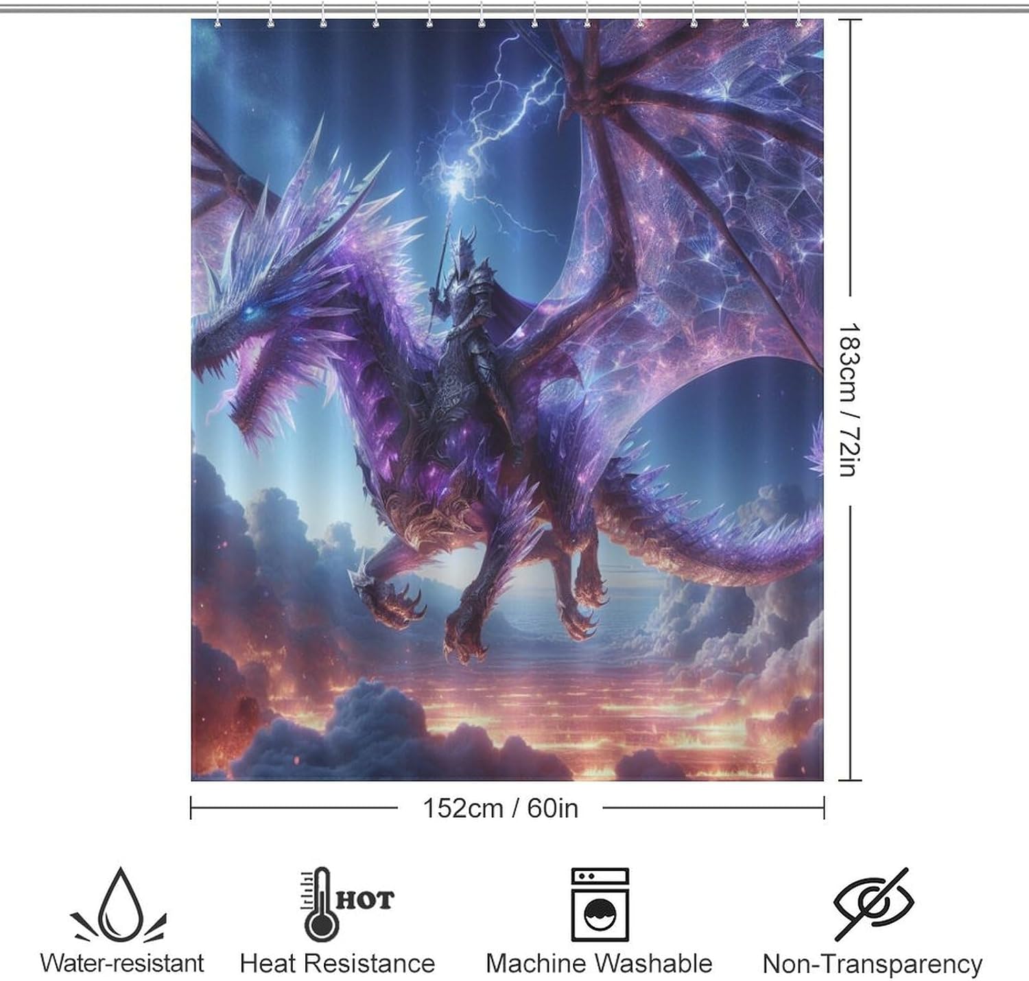 Dragon Shower Curtain Set, Medieval Magic Fantasy Animal Mythical Knight Purple Dragon Home Bathroom Curtain Decor Fabric Waterproof Polyester with 12 Hooks 60x72Inch（152x183cm）