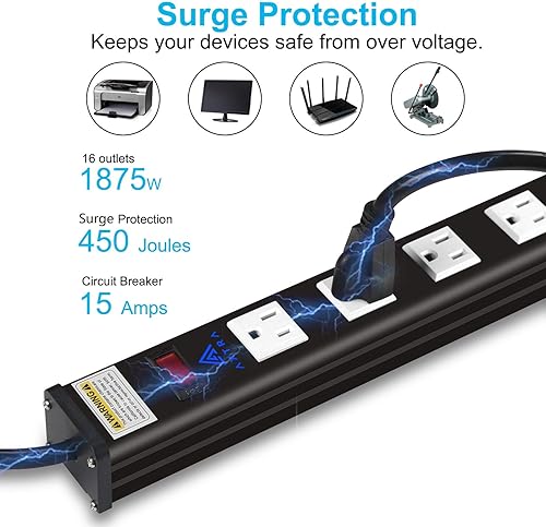 Miniatura 4 de AXTRA Regleta de alimentación de 16 salidas de metal con protector de sobretensiones, cable de extensión de 9 pies, 450 julios, protección de
