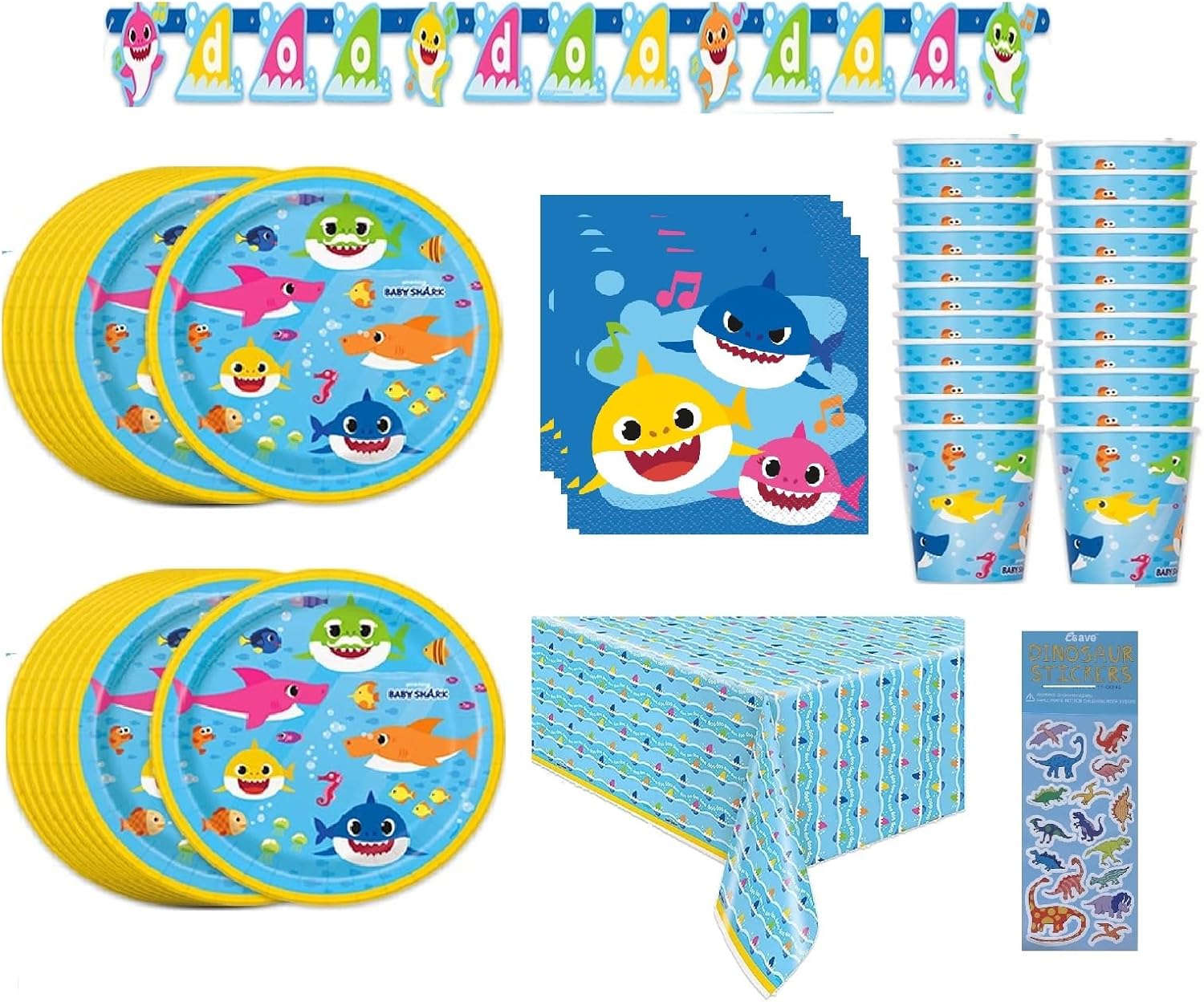 Baby Shark Party Supplies and Decorations, Baby Shark Birthday Baby Shower Party Supplies for Boys and Girls, Serves 16 Guests, includes Plates, Cups, Napkins, Table Cover, Doo Doo Doo Party Banner
