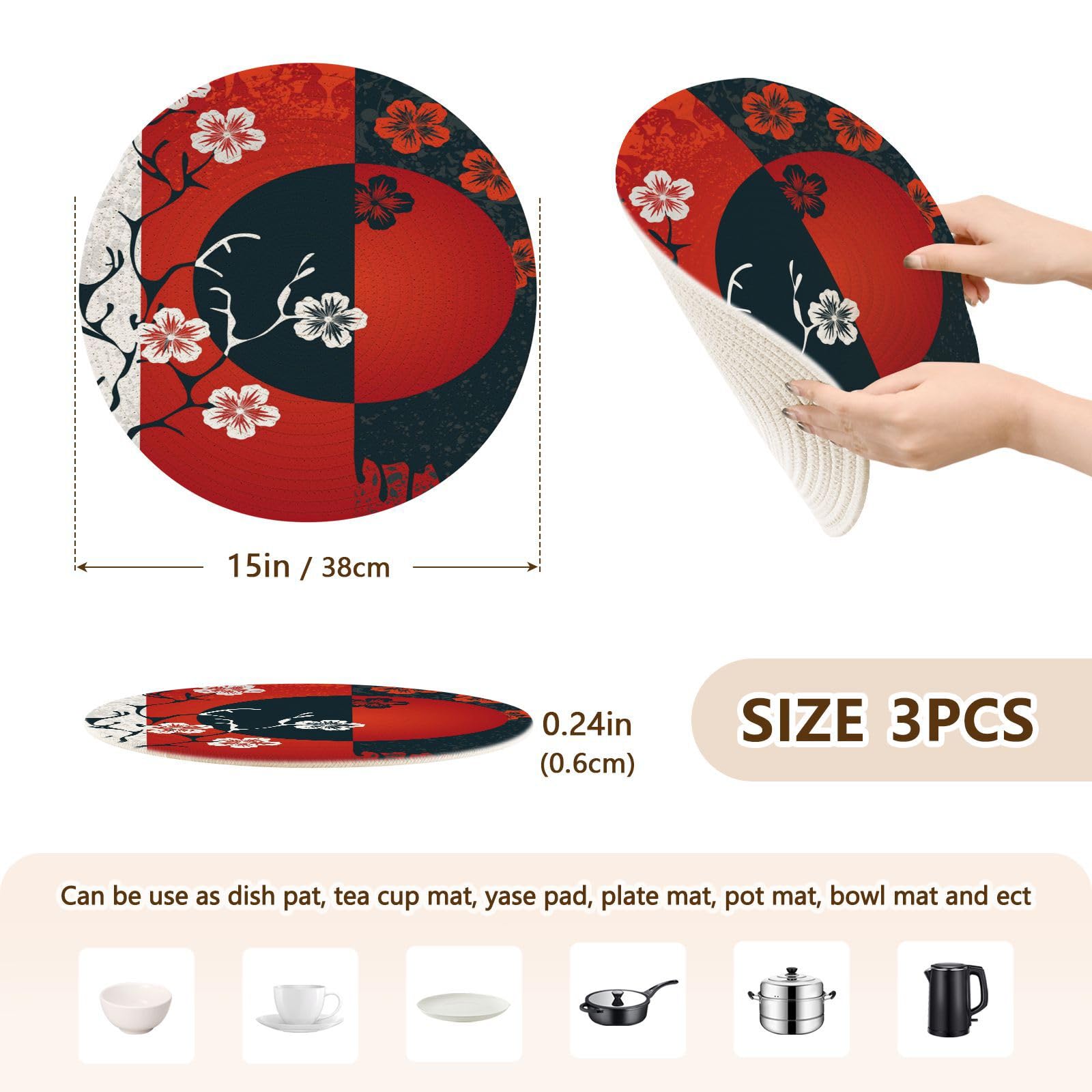 ALAZA Japanese Cherry Blossom Sakura PotHolders Trivets Set Cotton Hot Pot Holders Set Farmhouse Coasters Set of 3,Hot Pads,Hot Mats for Kitchen Counter Decorative