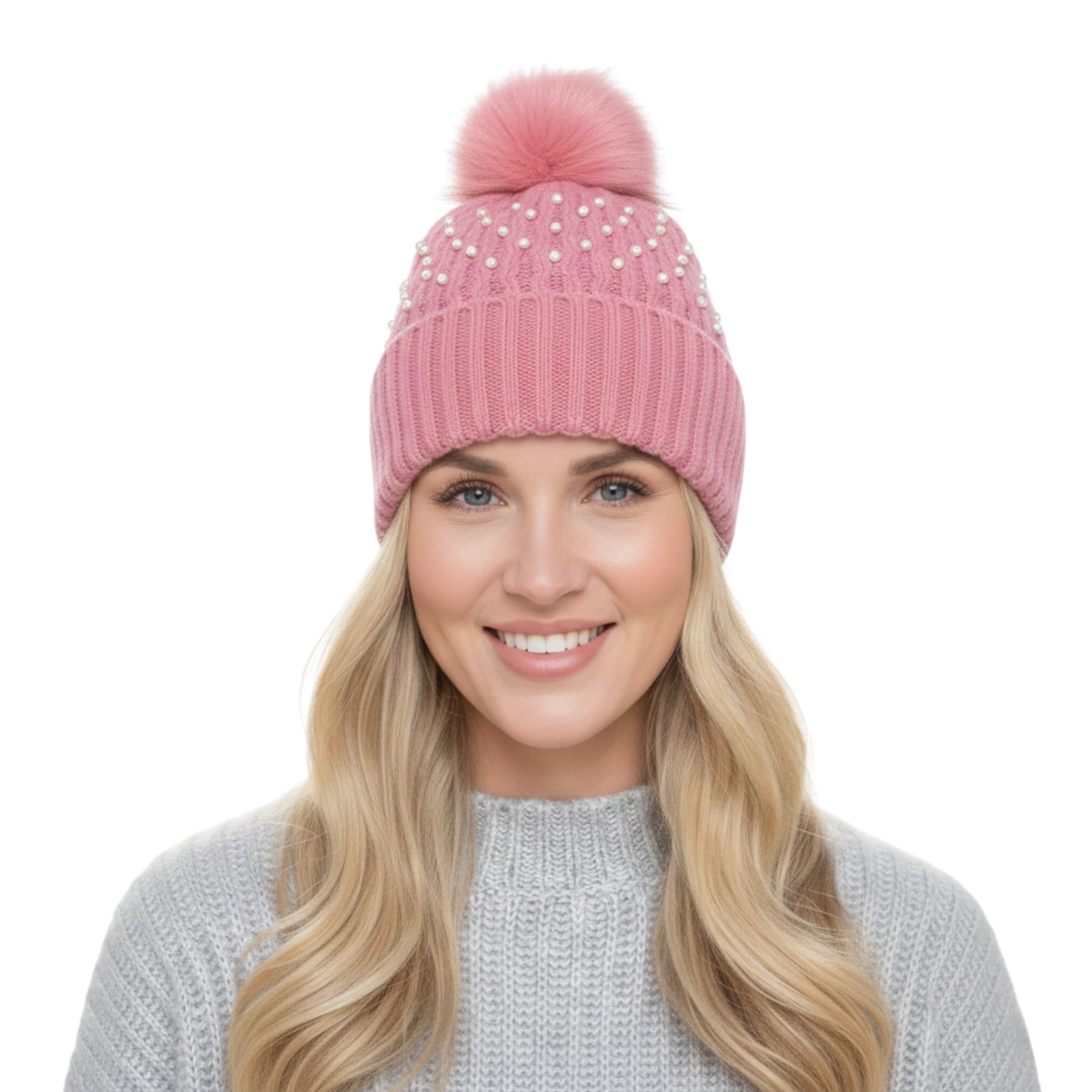 A2z Women's Pink Hats Ribbed Pearls Knitted Bobble Beanie Faux Fur Pom Pom - Hat Lh896 One Size