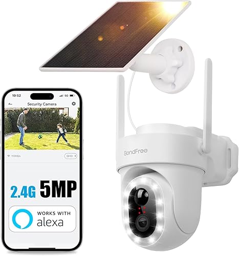 BondFree Cámara de seguridad solar de 5MP 4K para exteriores, cámara WiFi de 360 para vigilancia del hogar con alarma de sirena de 14 focos, visión