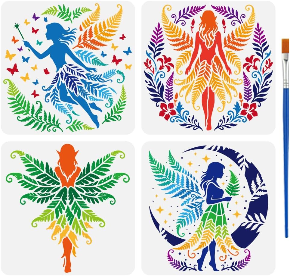 FINGERINSPIRE 4 Pcs Fairy Stencils with a Brush 9.8x9.8Inch Ferns Stencils Reusable Flowering Plants Painting Stencil Moon Fairy Stencil Fantasy Themes PET Template for Wood Floor Tile Wall Fabric DIY