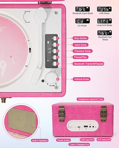 Miniatura 4 de Reproductor de CD portátil para el hogar con altavoces mejorados, entrada y salida Bluetooth, reproductor de CD de escritorio recargable con