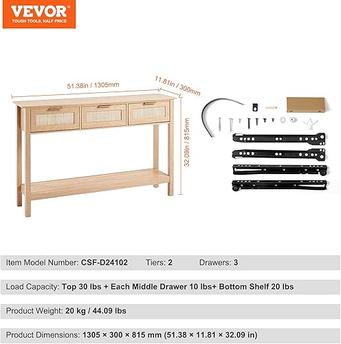 Miniatura 2 de VEVOR Mesa consola de ratán, mesa de entrada con 3 cajones de almacenamiento, mesa de pasillo con puerta corredera de ratán natural, mesa de sofá