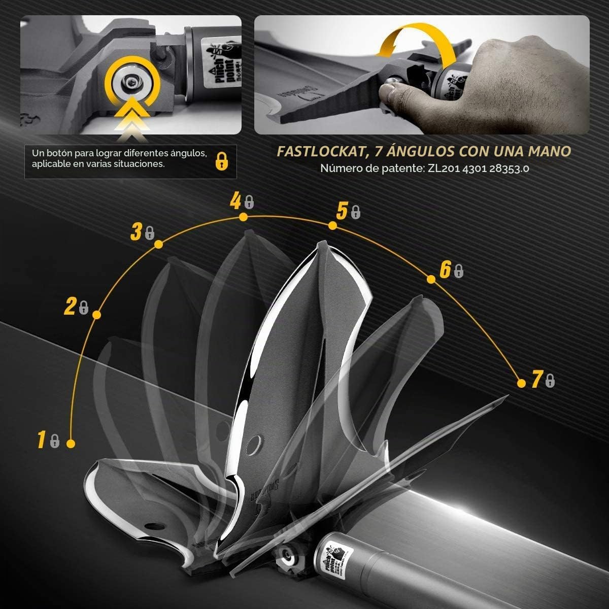 Zune Lotoo Pala Plegable, Pala Camping Multiusos de Acero Martensita, Pala Jardineria Portátil con 7 Ángulos Ajustables para Acampar, Camping, Jardín, al Aire Libre, Smilodon