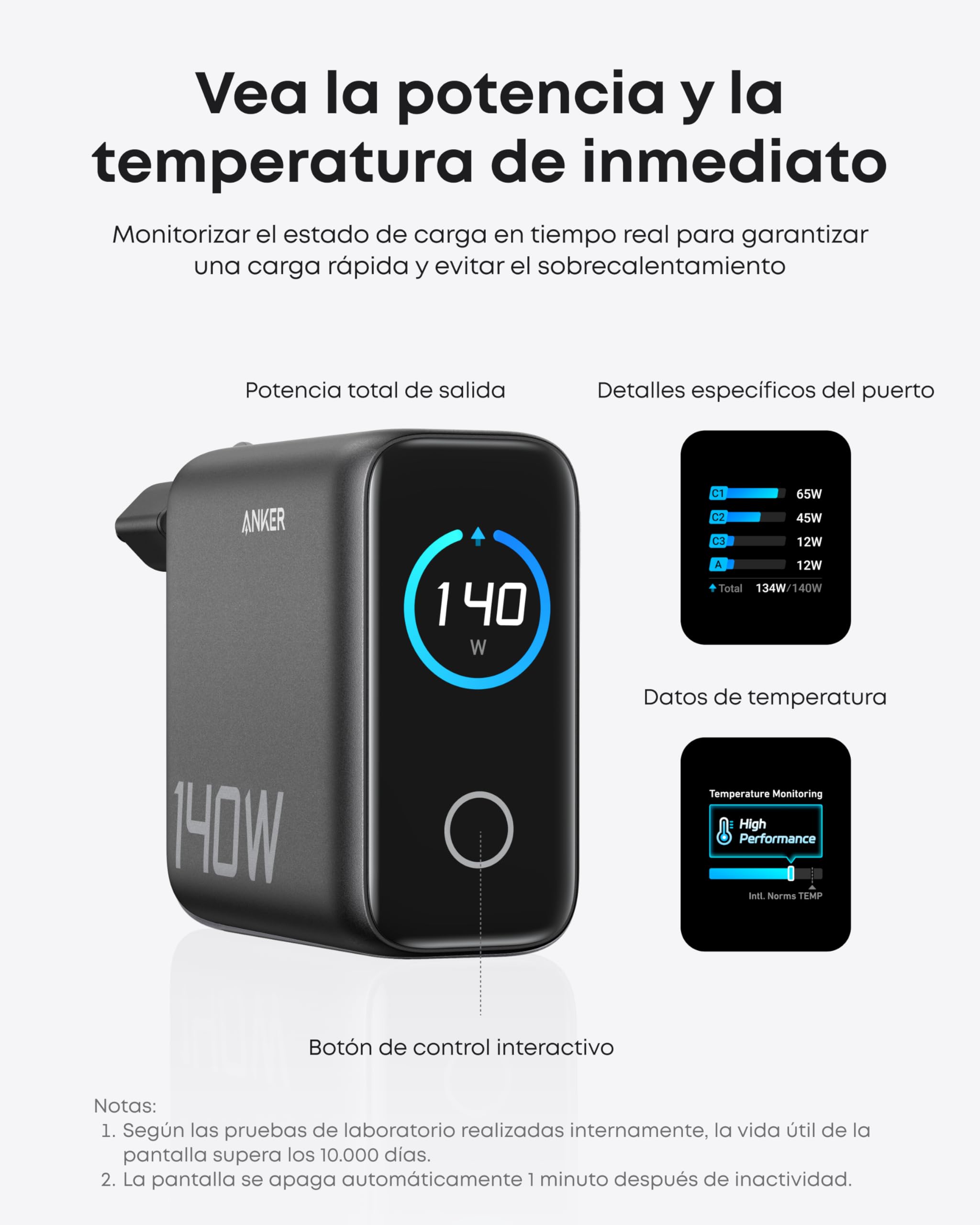 Anker Cargador USB C Carga Rapida 140W, Carga rapida de 4 Puertos, diseño intuitivo y Compatible con MacBook, iPhone 17/16/15 iPhone Air, Samsung, Pixel y más