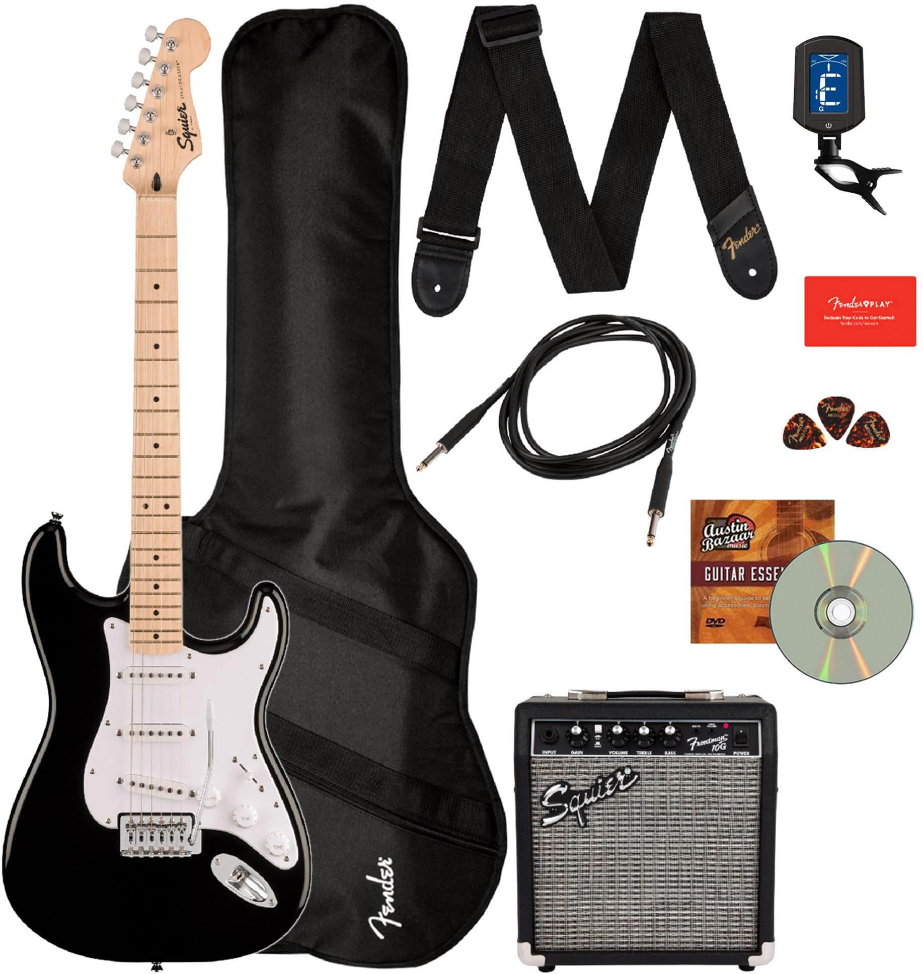 Fender Squier Sonic Strat Pack - Black Bundle with Frontman 10g Amp, Gig Bag, Strap, Cable, Picks, and Austin Bazaar Guitar DVD