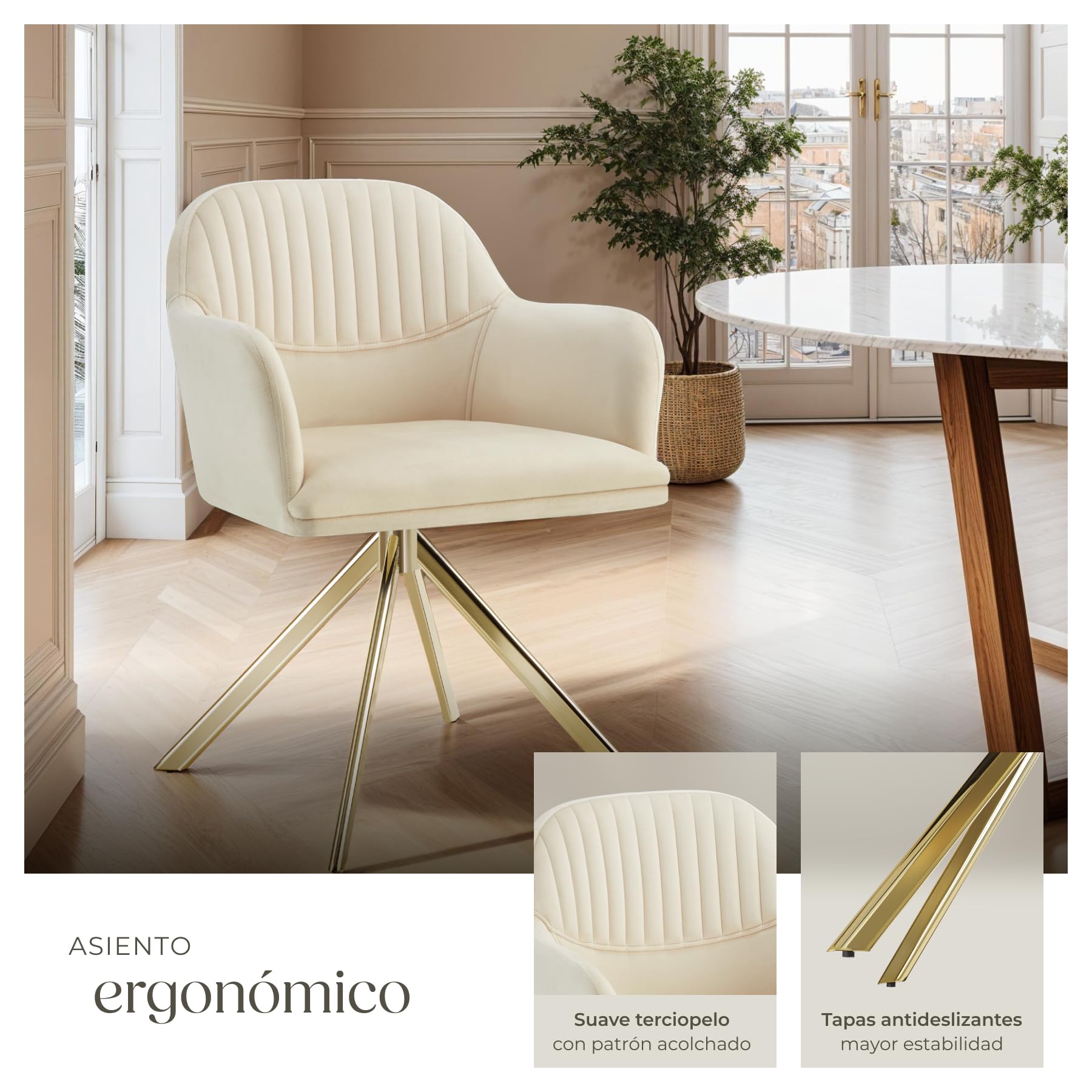 tectake® Silla Giratoria Tapizada con Respaldo Continuo, Patas de Acero Giratorias 360º, Silla Dormitorio, Butacas de Salon, Sillas Comedor, Silla Comedor Nordica - 1 Silla Crema/Oro