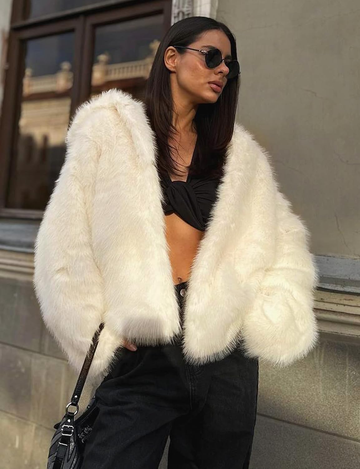 Yimoon Women's Faux Fur Coat with Hood Warm Cropped Fluffy Fur Jacket Long Sleeve Open Front Winter Jackets