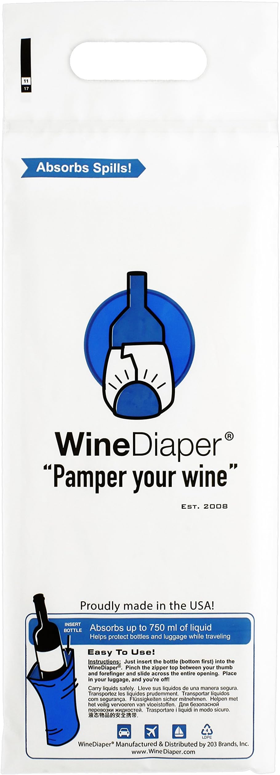 JetBagWine Diaper - The Original Reusable, Protective and Absorbent Bottle Bags - SINGLE PACK - Made in the USA