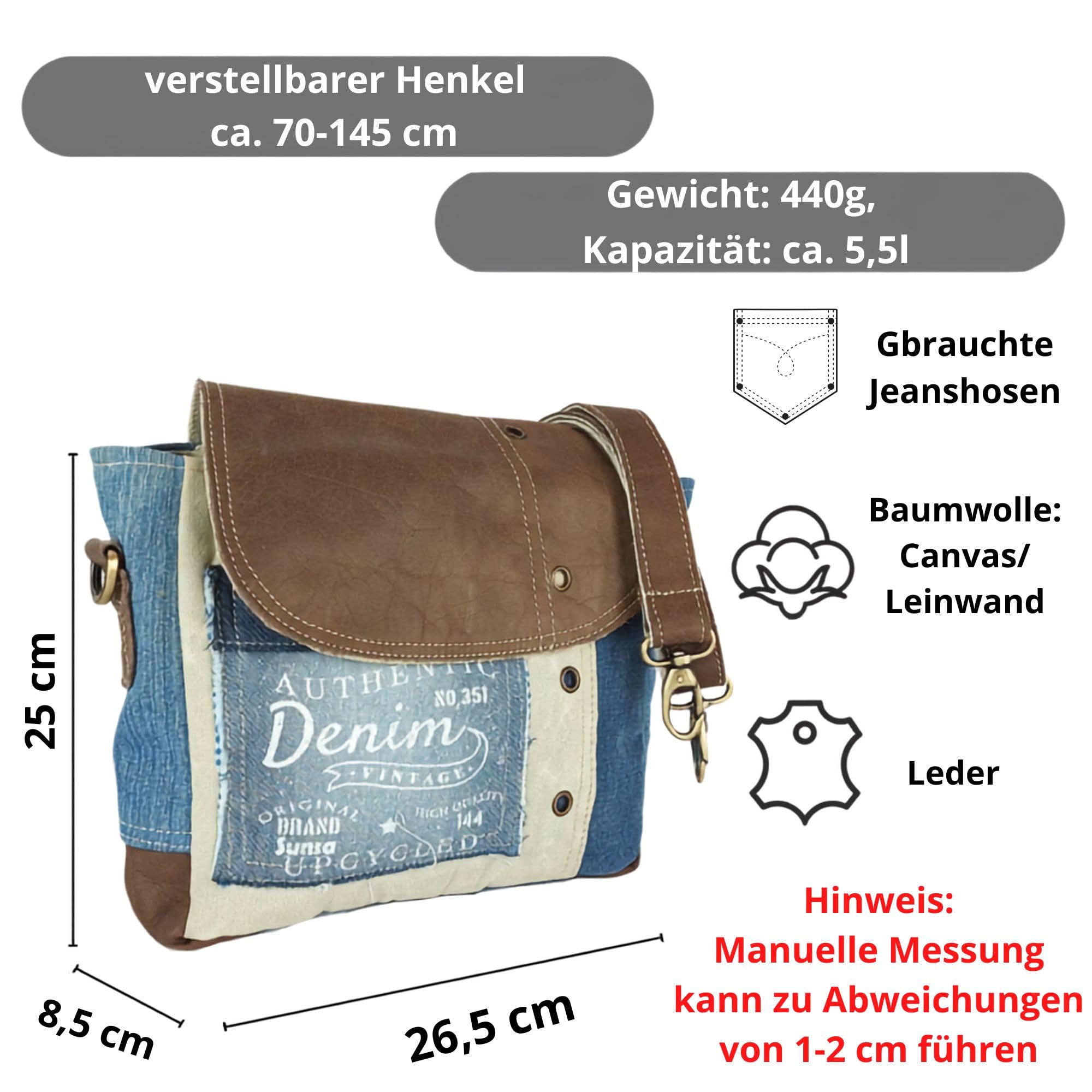 Sunsa Damen Umhängetasche. kleine Messenger Tasche aus Canvas recycelte Jeans & Leder. Nachhaltige Vintage Crossover Bag mit Lederklappe. Handtasche als Geschenkideen für Frauen