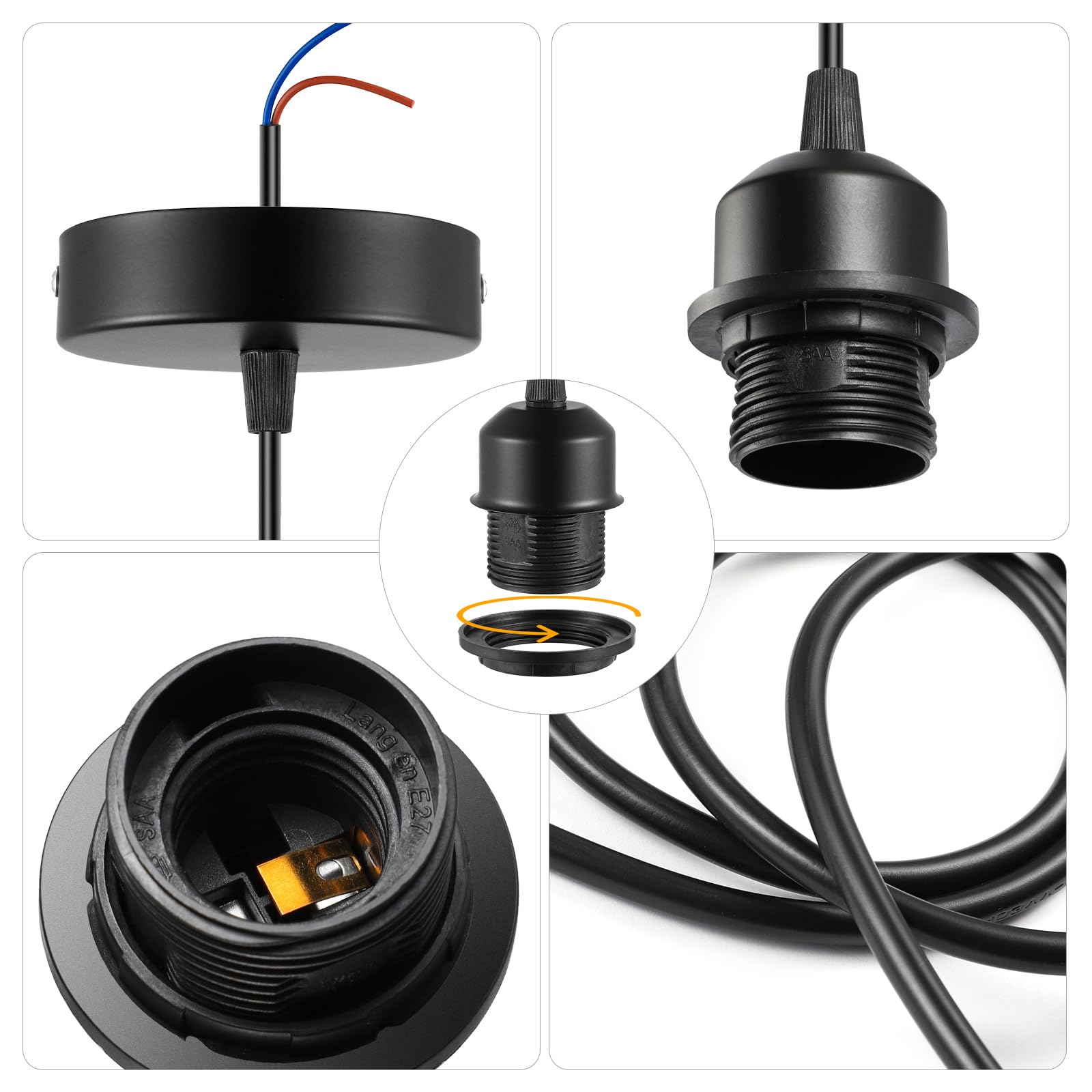 Tsling E27 Portalampada Sospensione Nero in Metallo,Set di E27 Lampade a Sospensione con Anello a Vite e Cavo Regolabile 100CM,per Camera da Letto Soggiorno Pranzo Caffè,Bar