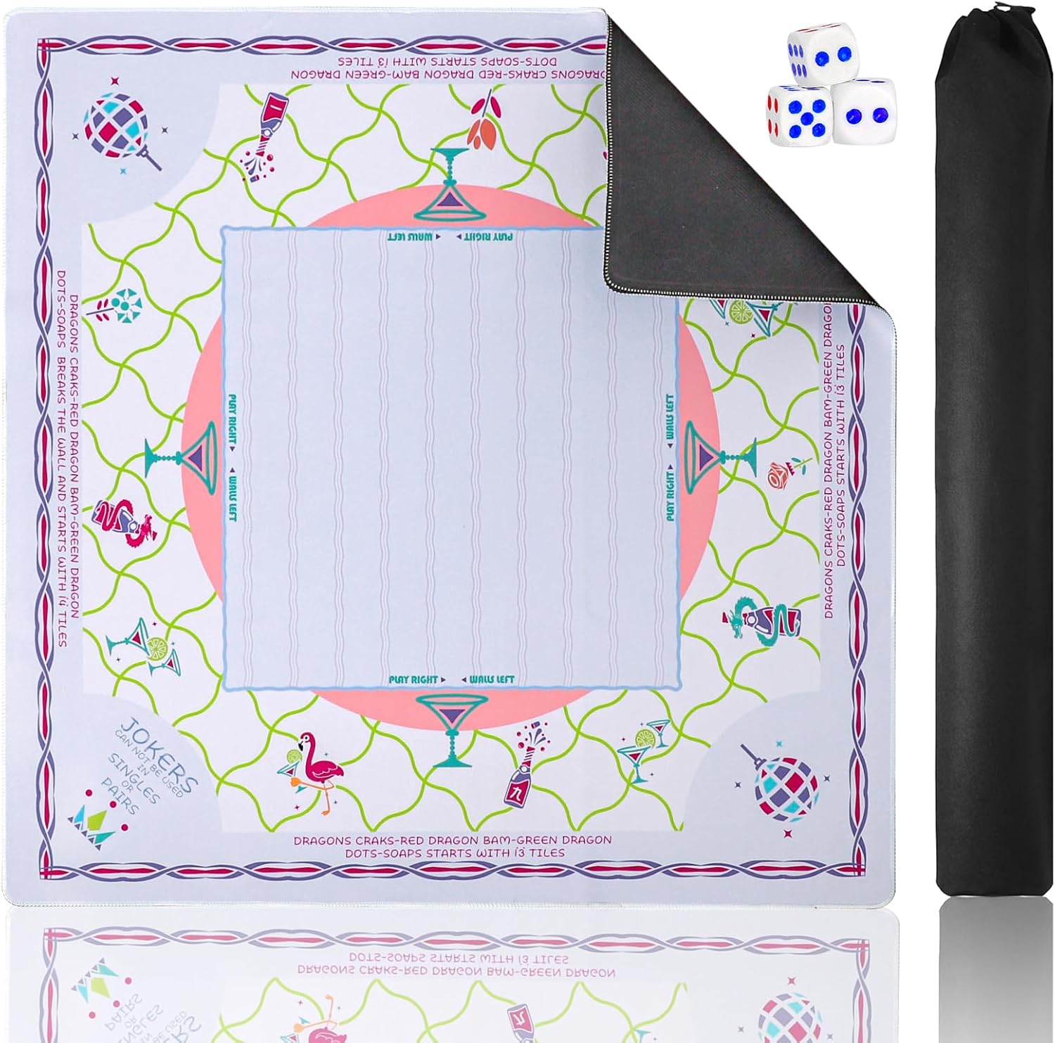American Mahjong Mat(33"x33") with Black Carrying Bag&Dice,Anti-Slip, Noise-Reducing Gaming Mat for Mahjong/Poker/Board Games/Card Games/Dominoes