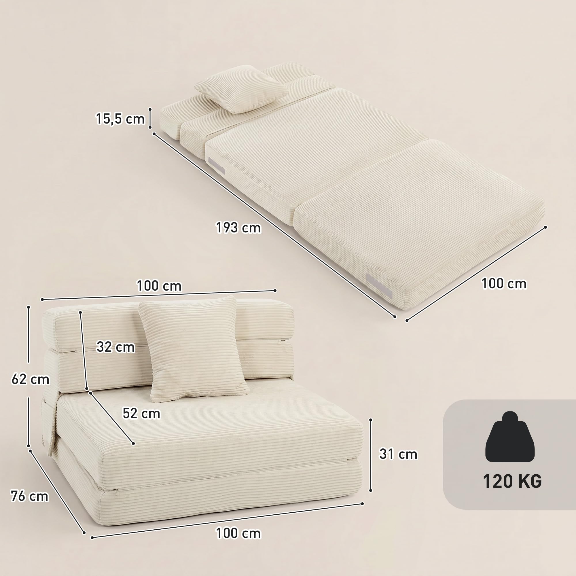 HOMCOM 2-in-1 Divano Letto Pieghevole Chaise Singolo 100 cm Crema