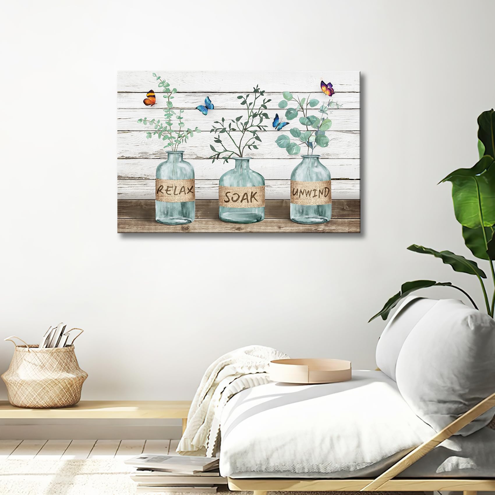 Wooden Framed Canvas Wall Art Relax Soak Unwind Eucalyptus Butterfly Canvas Print Bathroom Picture Painting Poster Farmhouse Wall Decor Home Office Gallery Bedroom Decorations Ready To Hang 40x60cm - Image 3