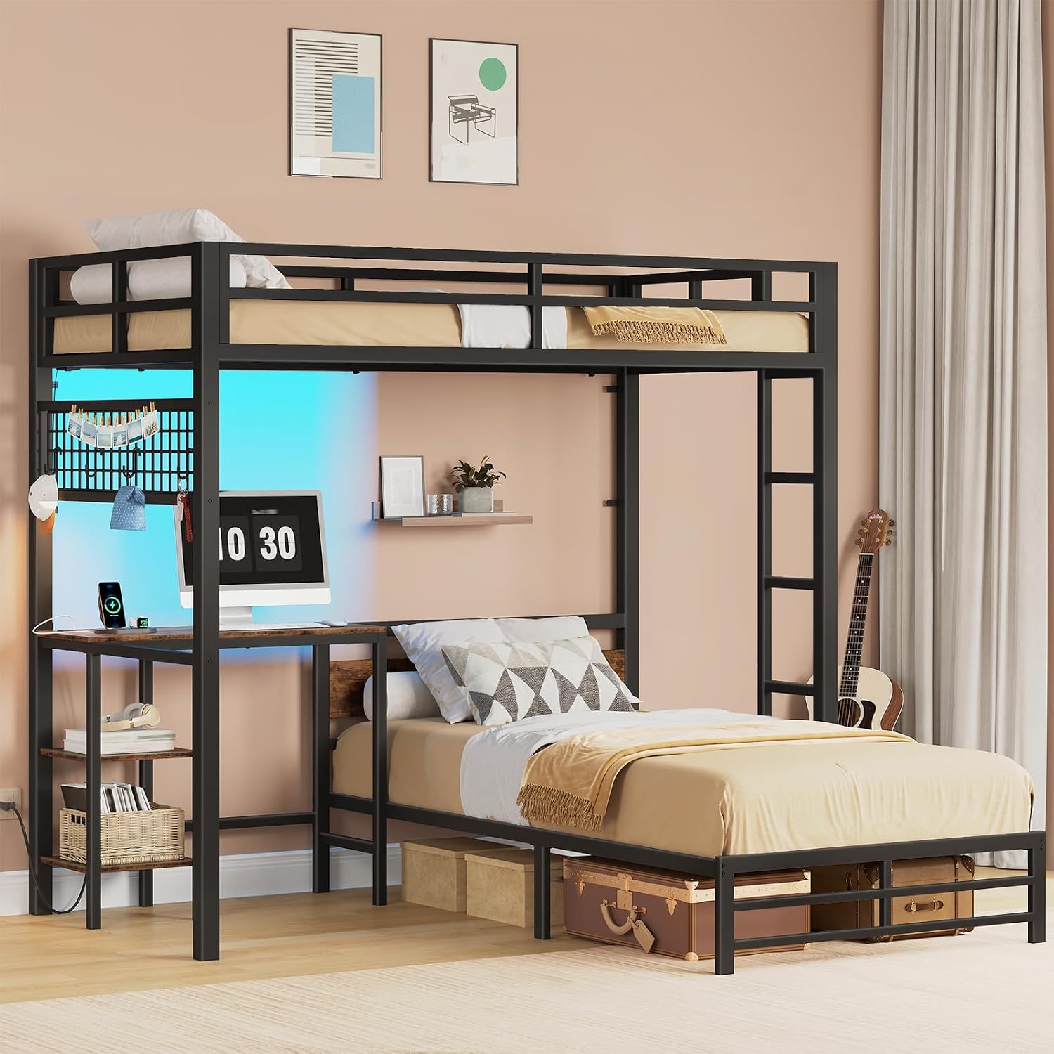HOOBRO Bunk Bed Twin Over Twin with Desk, Twin Bunk Bed with 2 Shelves and LED Lights, Metal L-Shaped Bunk Bed with Guardrails, Twin Loft Beds Space-Saving, Black and Rustic Brown BF97UDBF01