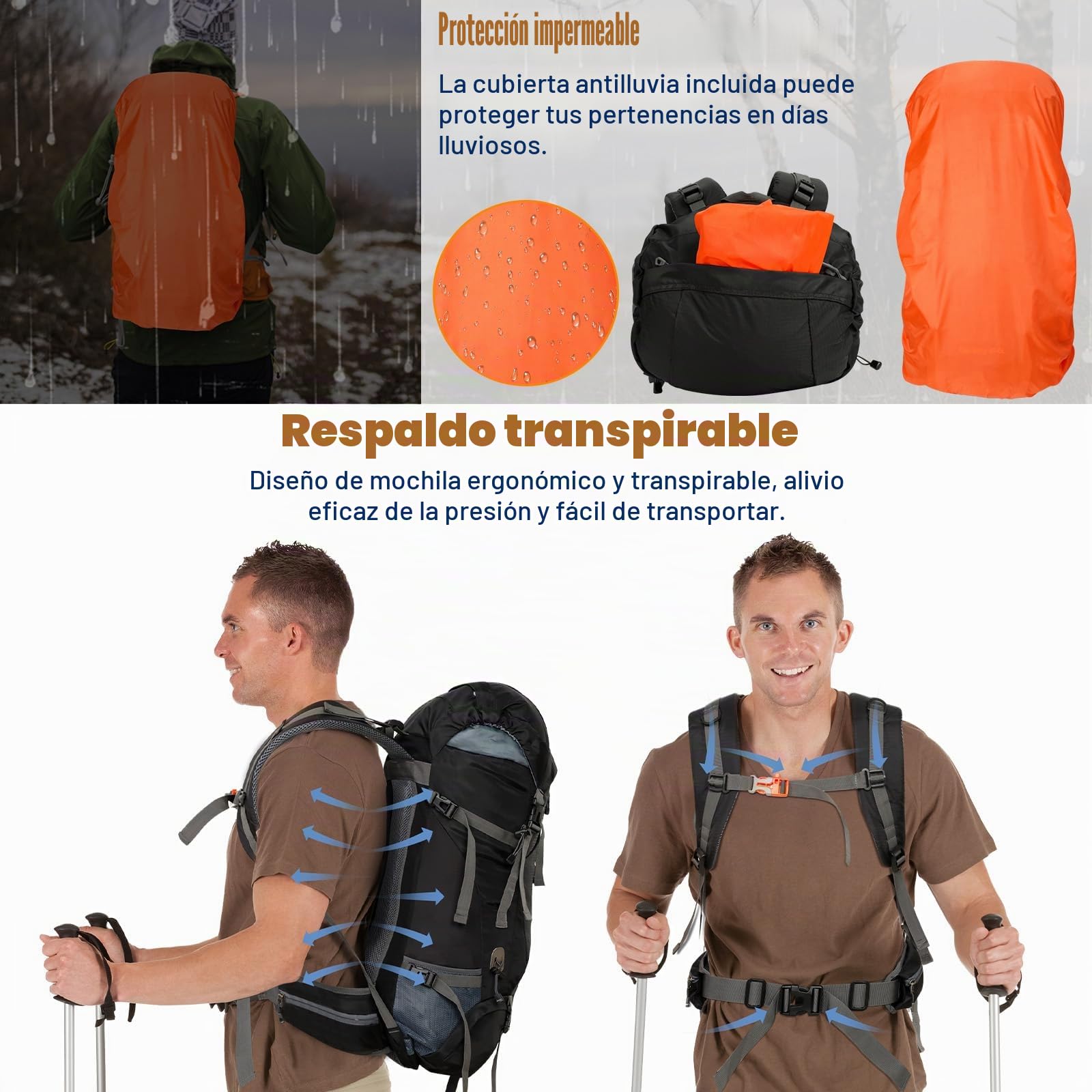 Cozary Mochila Trekking 70L Impermeable Antidesgarro con Cubrelluvia, Sistema Transpirable para Senderismo Camping Montañismo