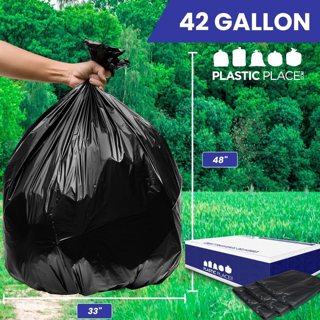 Plasticplace Contractor Trash Bags 42 Gallon │ 6.0 Mil │ Black Heavy Duty Garbage Bag │ 33” x 48” (25 Count)
