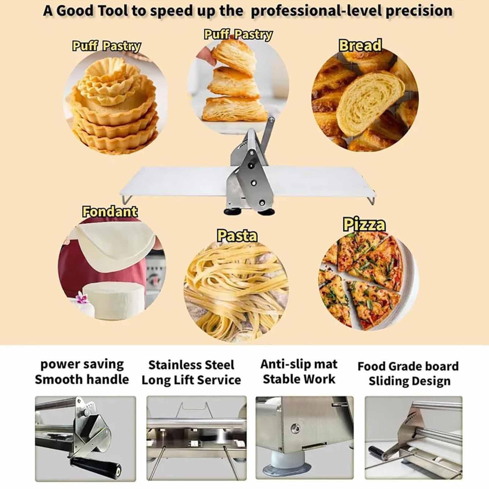 Sfogliatrice Pasticceria Manuale in Acciaio Inox con Tavola Grande 39" X15,5,Spessore Regolabile 0,5 a 27 Mm, Laminatrice per Pasta per Panetteria, Pizza E Croissant,Rs201