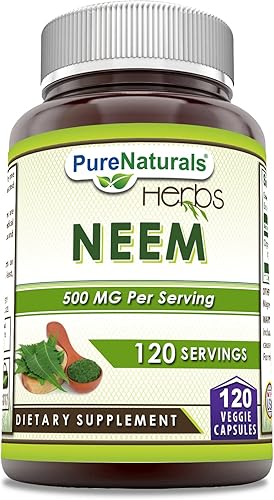 Pure Naturals Neem (hecho con hoja de neem natural), suplemento de 120 cápsulas vegetales de 500 mg, sin OMG, sin gluten, fabricado en Estados
