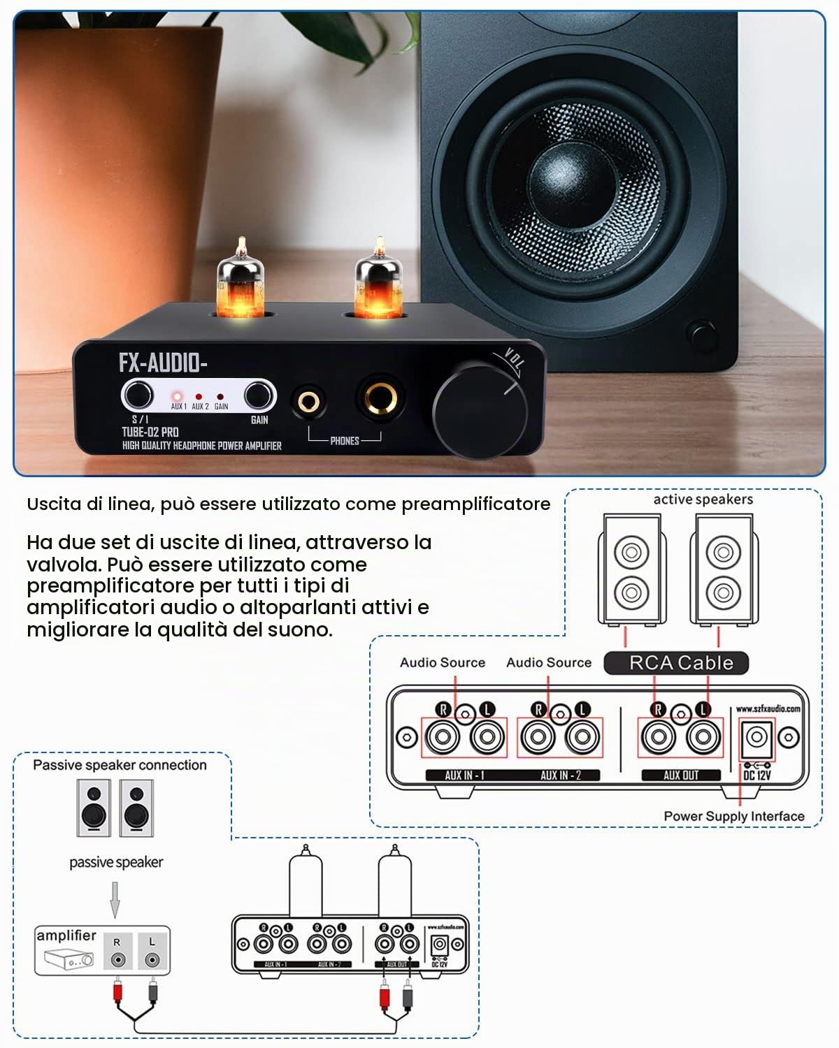 FX Audio tube 02 Pro Vacuum Class-A Mini Amplificatore per Cuffie 5725 Pre-Amp DC12V Nero