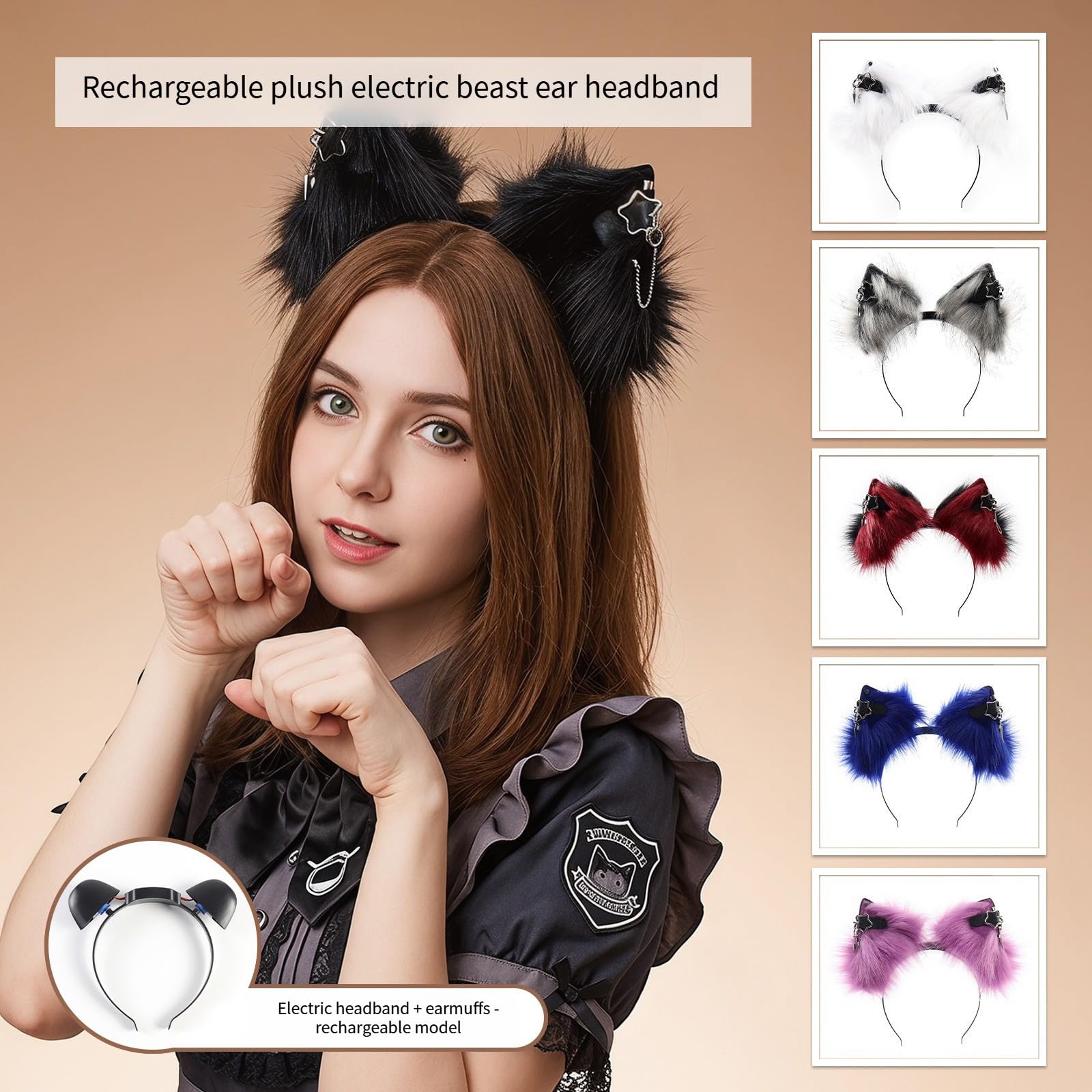 Diadema de orejas de gato en movimiento, cadena de estrella de metal, decoración de orejas de animales eléctricas, recargables, para cosplay, diadema de orejas de animales