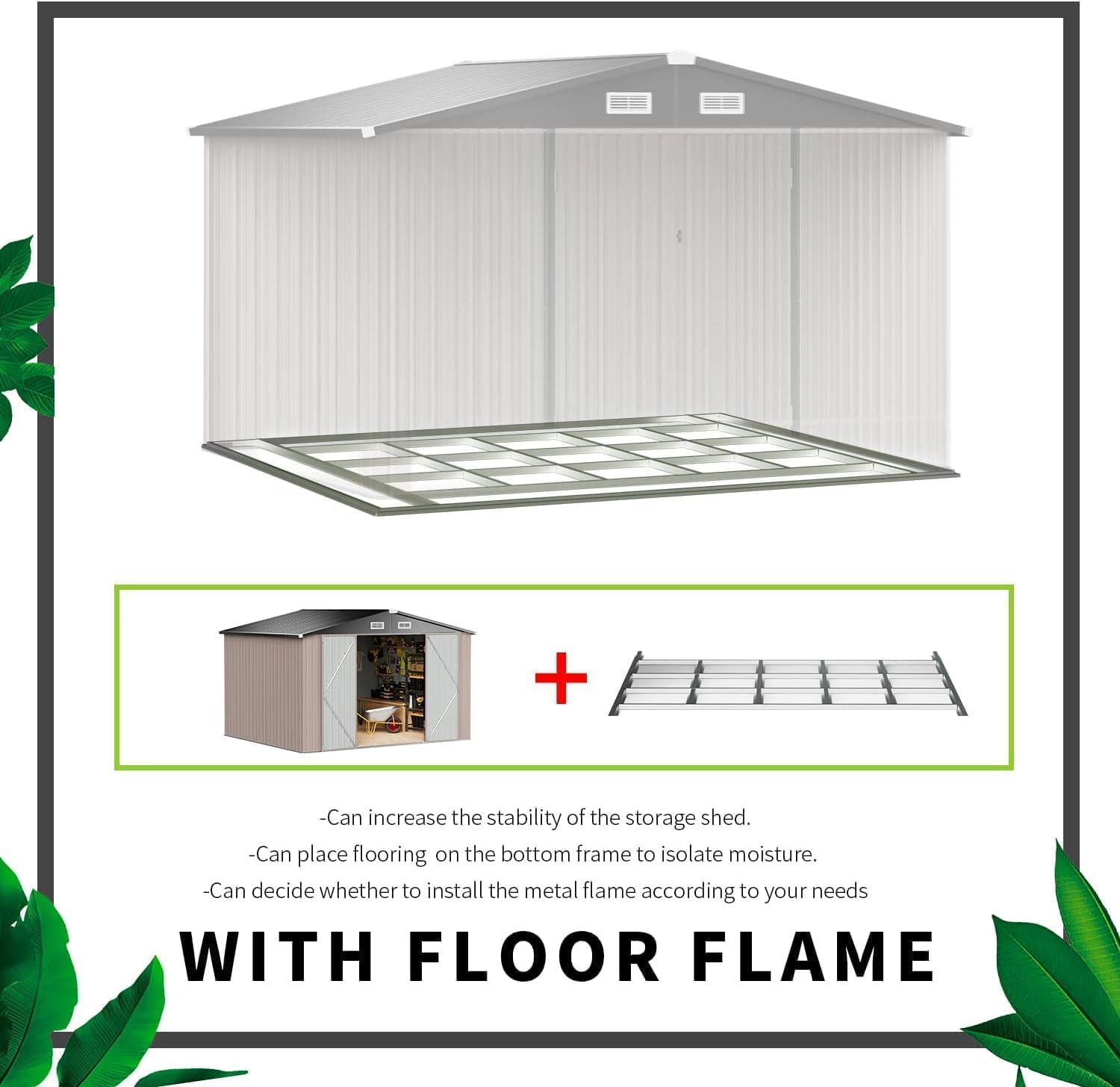 Diagram illustrating the shed's base frame and the option to add flooring for increased stability and moisture isolation.