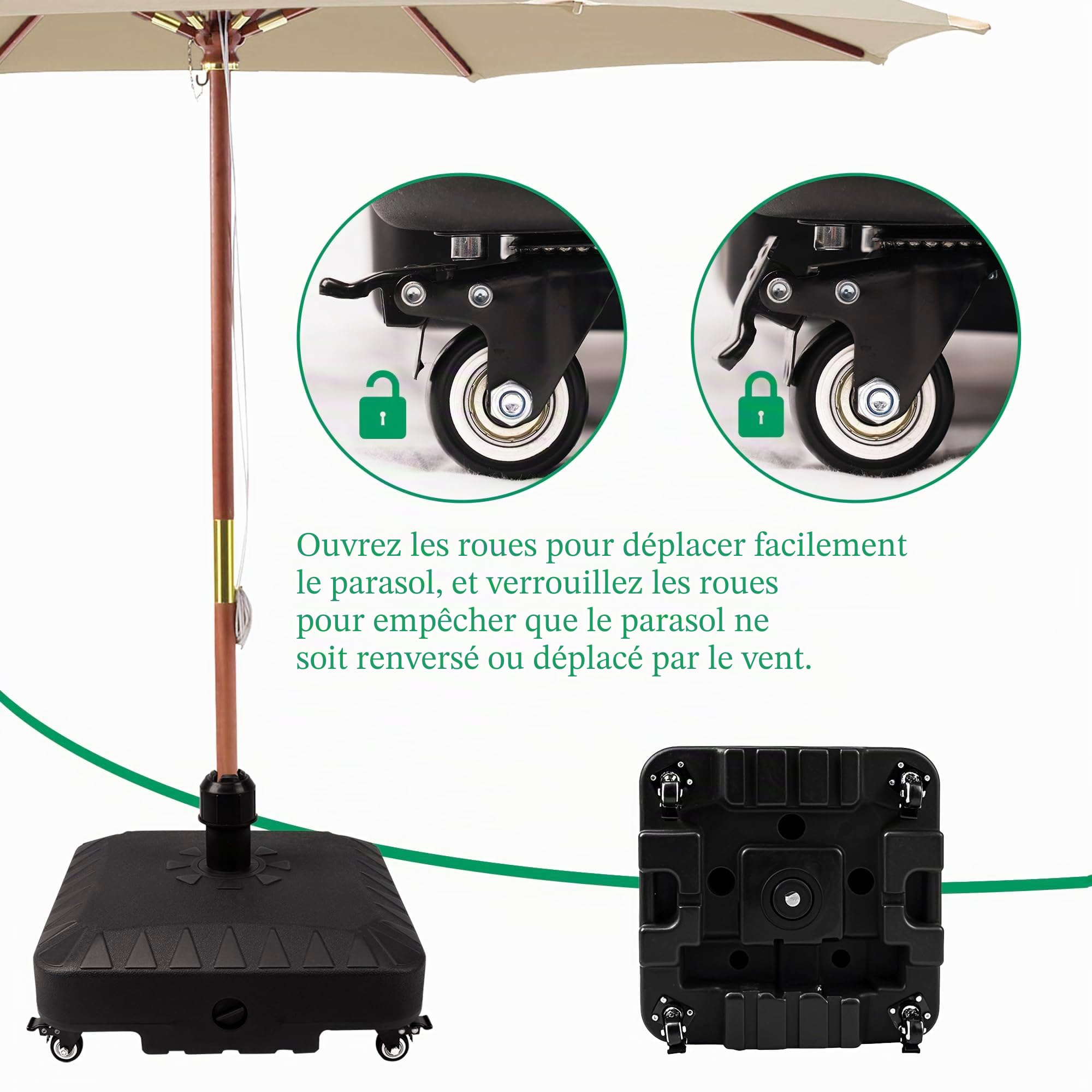 Pied de parasol de qualité supérieure avec roulettes - 20 l - Remplissable avec de l'eau/sable, poids de parasol pour parasol déporté et parasol de marché, support de parasol stable pour