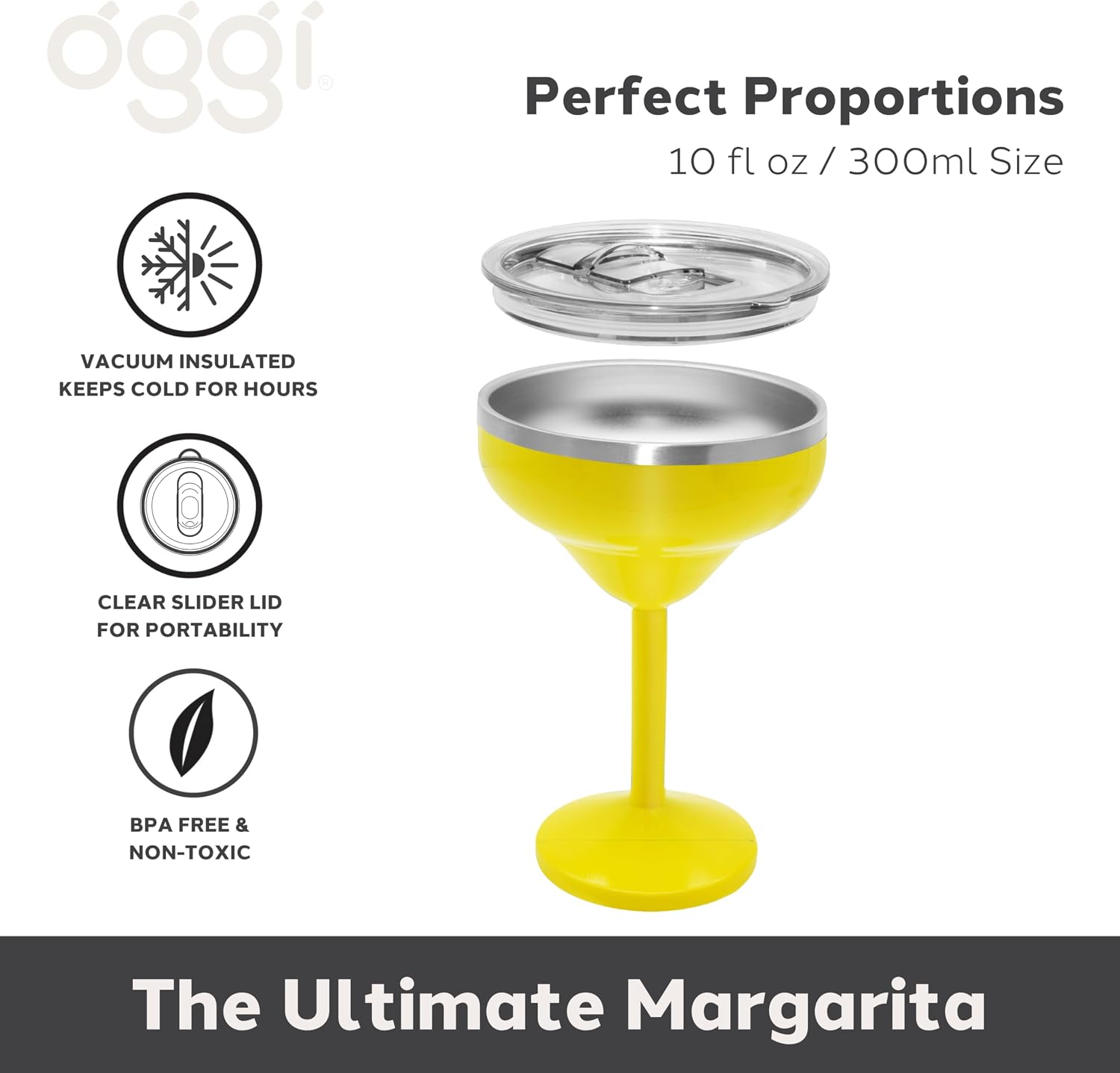 Oggi Vacuum Insulated Margarita Goblet 10 oz (300 ml), Stainless Steel Double Wall Margarita Tumbler with Lid, Stemmed Margarita Glass, No Sweat Cocktail Glasses, Gifts for Women & Men - Yellow