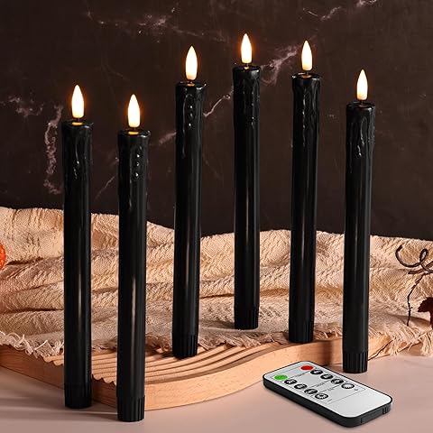 Eywamage Black Dripping Wax Halloween Flameless Taper Candles with Remote, Flickering LED Wax Candlesticks Battery Operated Set of 6