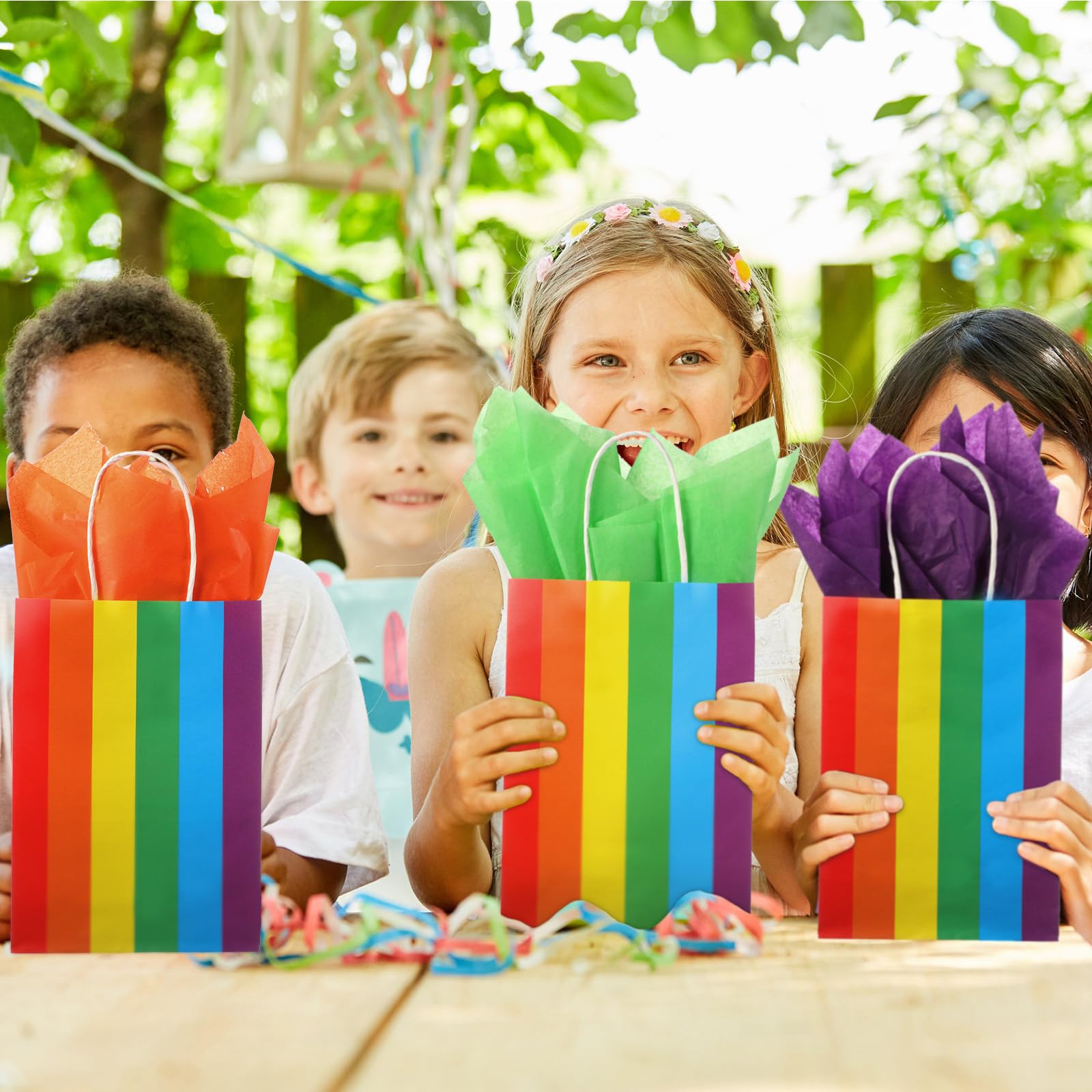 TaoBary 36 Pcs Rainbow Party Treat Bags Rainbow Gift Bags Colorful Stripes Kraft Paper with Handles and Colorful Tissue Paper for Gay Parade Festival Party Supplies