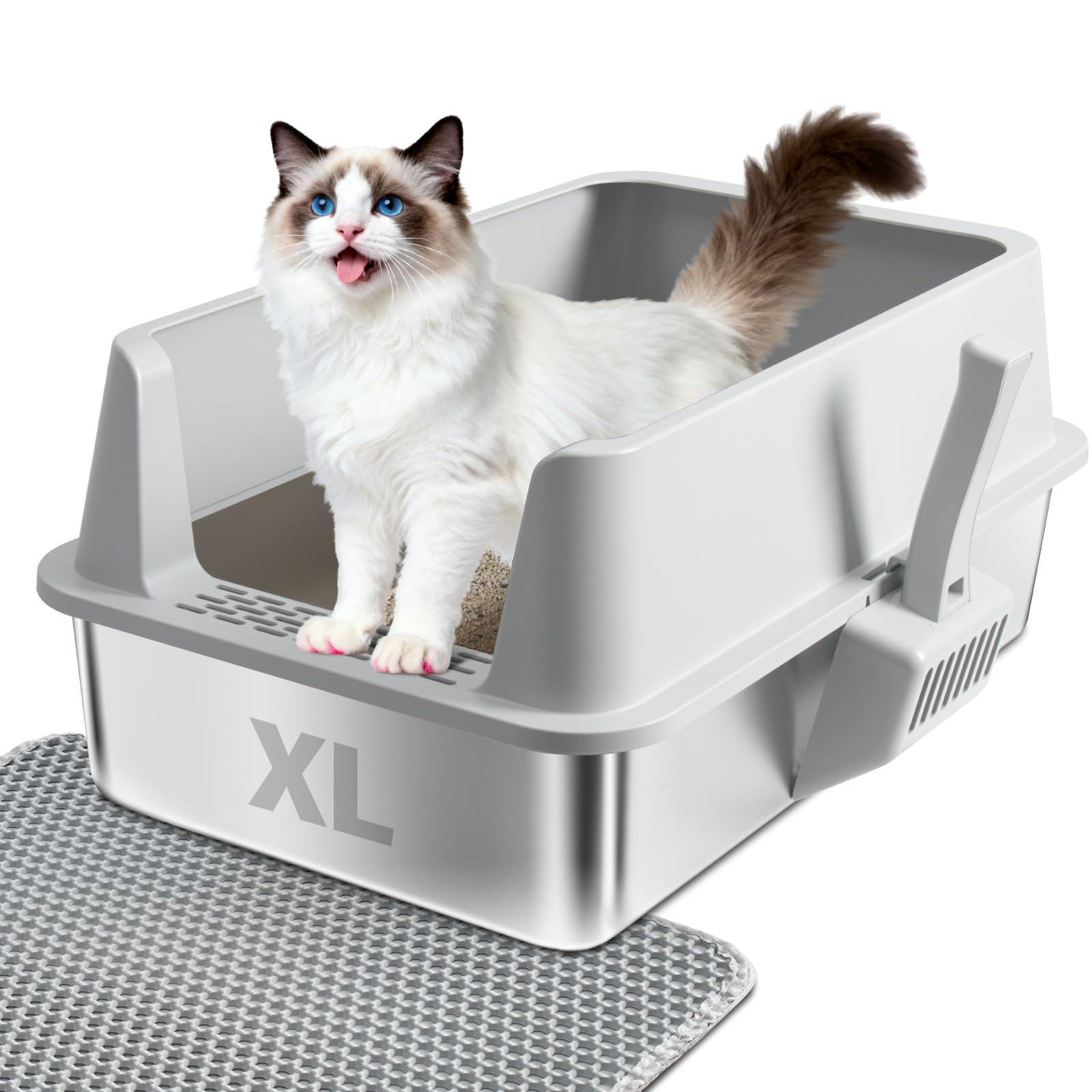 Stainless Steel Cat Litter Box, XL Cat Litter Box with Lid for Big Cat, Extra Large Metal Litterbox with High Side，Non-Stick, Odor-Resist, Anti-Urine Leakage, Easy-Clean, Includes Mat & Scoop