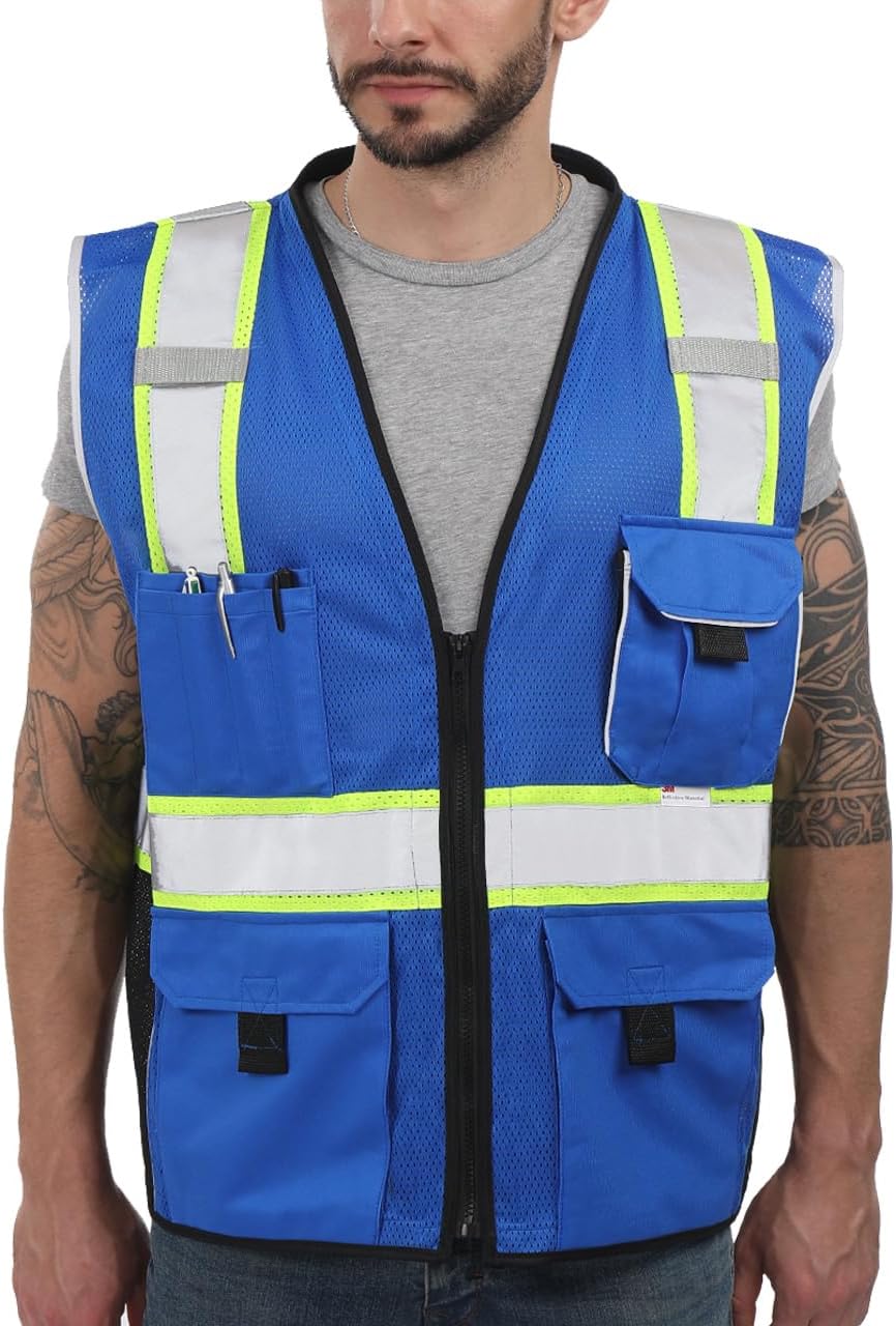Dib Safety Vest Reflective Blue Mesh, High Visibility Vest with Pockets and Zipper, Heavy Duty Vest Made with 3M Reflective Tape XL