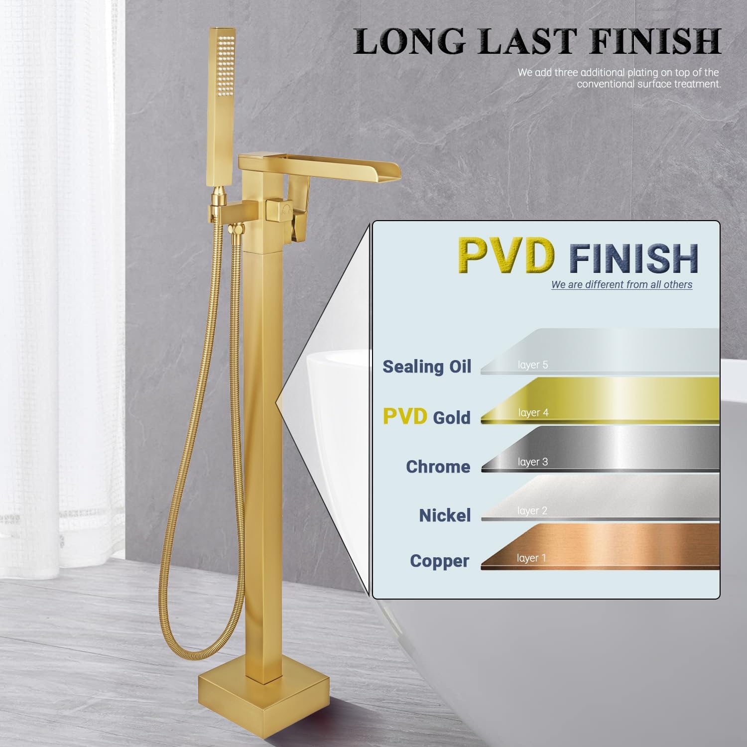 Free Standing Tub Faucet Brushed Gold, Floor Mount Freestanding Tub Faucets, Brass Stand Alone Tub Filler, Waterfall High Flow Bathtub Shower Mixer Tap - Image 5