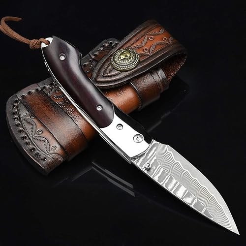 Miniatura 5 de NedFoss Swordfish - Cuchillo de bolsillo de Damasco para hombre, hoja de acero de Damasco forjado hecho a mano con funda de cuero retro, mango de