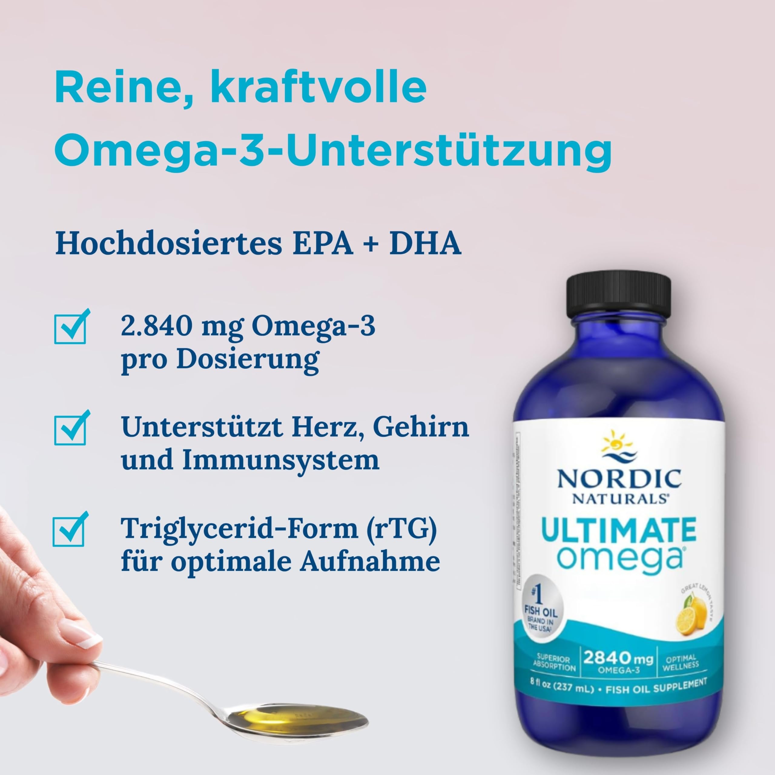 Nordic Naturals Ultimate Omega 2.840 mg, Omega-3-Fischöl-Nahrungsergänzung mit EPA und DHA, Zitronengeschmack, Herzunterstützung, 119 ml, laborgetestet, sojafrei, glutenfrei, Omega-3 flüssig