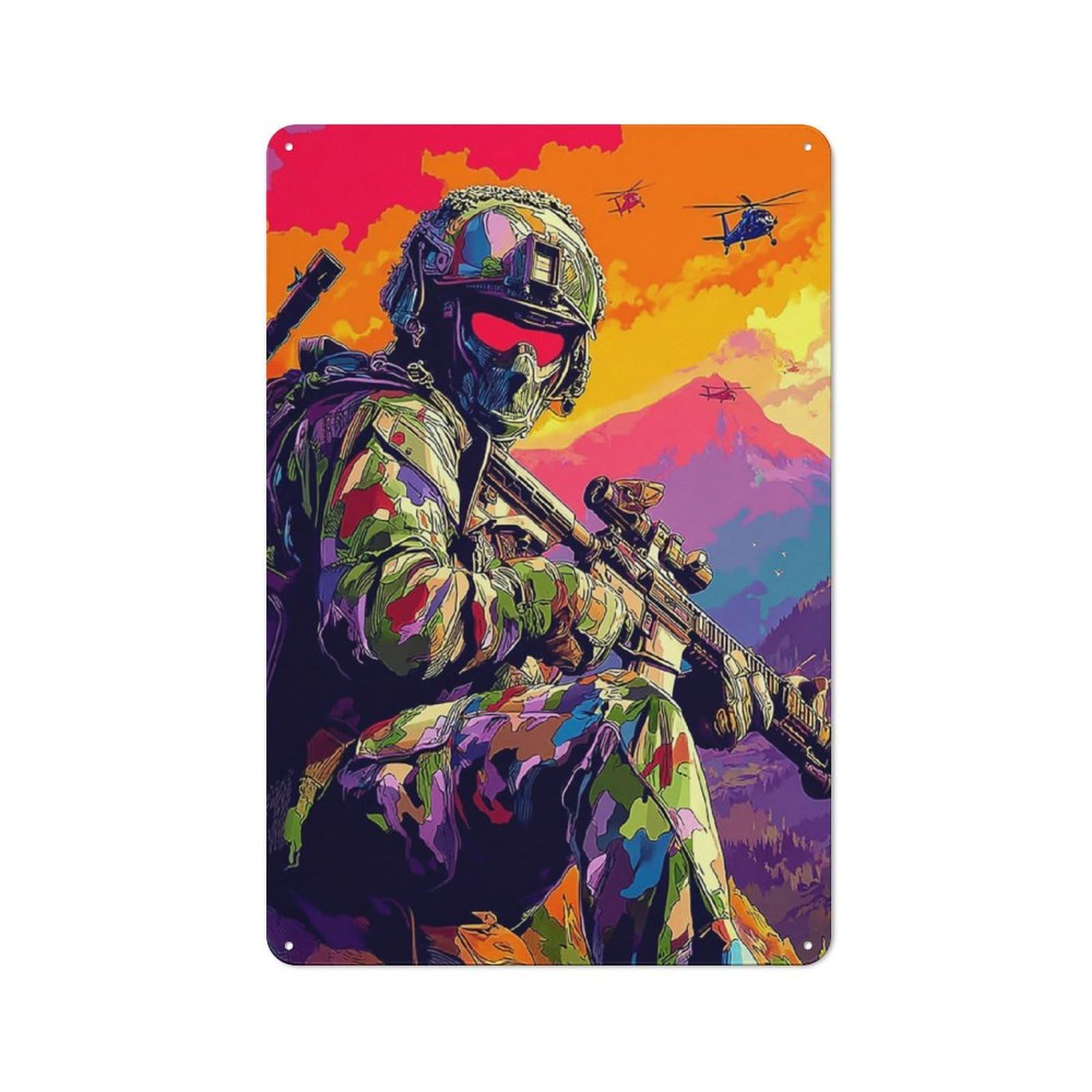 Junmoney Colorful Soldier With Helicopters In Backgrou Tin Wall Plaque 30X20cm With Nd For Bar Or Restaurant, Suited To Restaurant Interior Fans