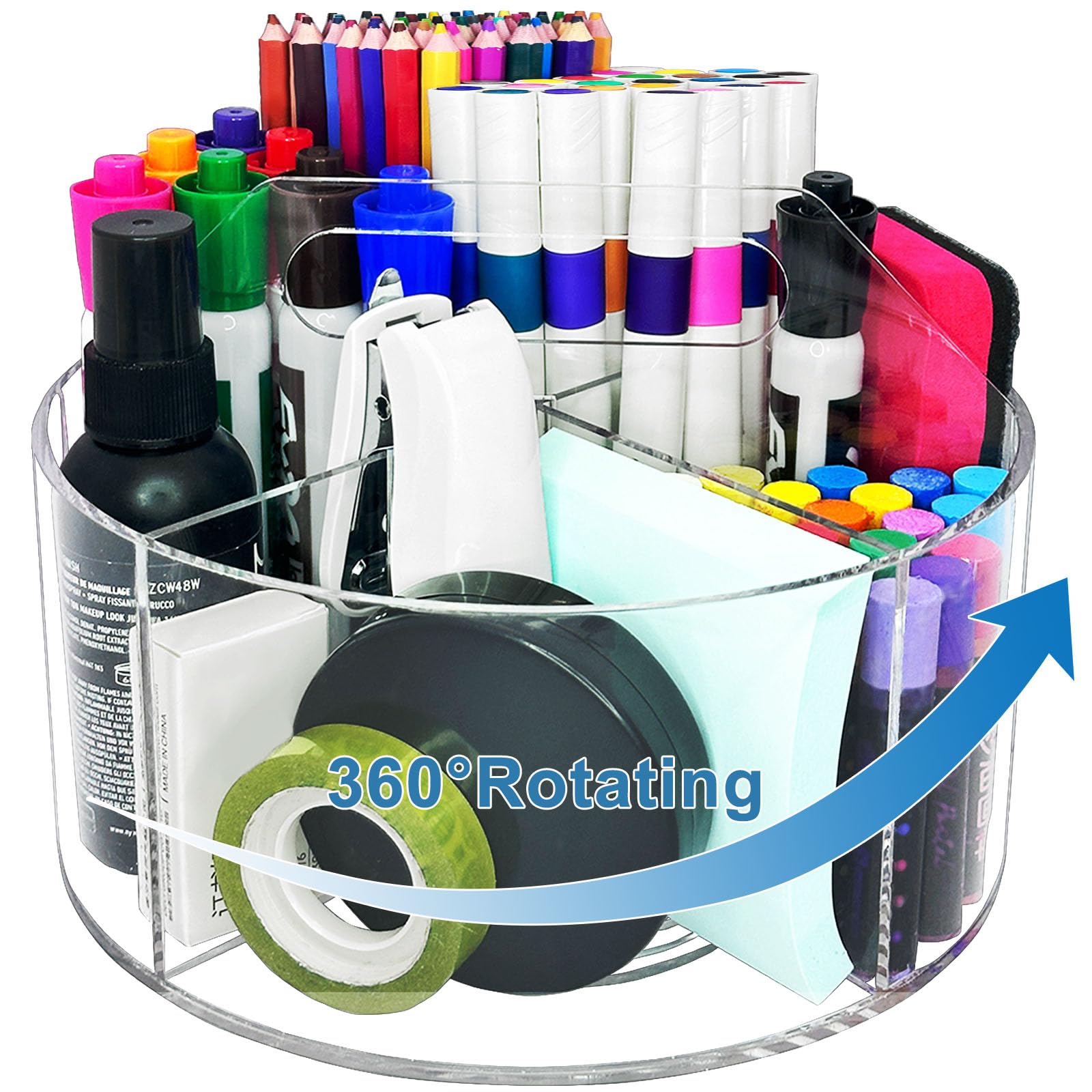 Portapenne rotante in acrilico per scrivania, portapenne trasparente a 360 gradi, organizer per matite per bambini, 6 scomparti, organizer per ufficio, forniture artistiche per scuola e casa