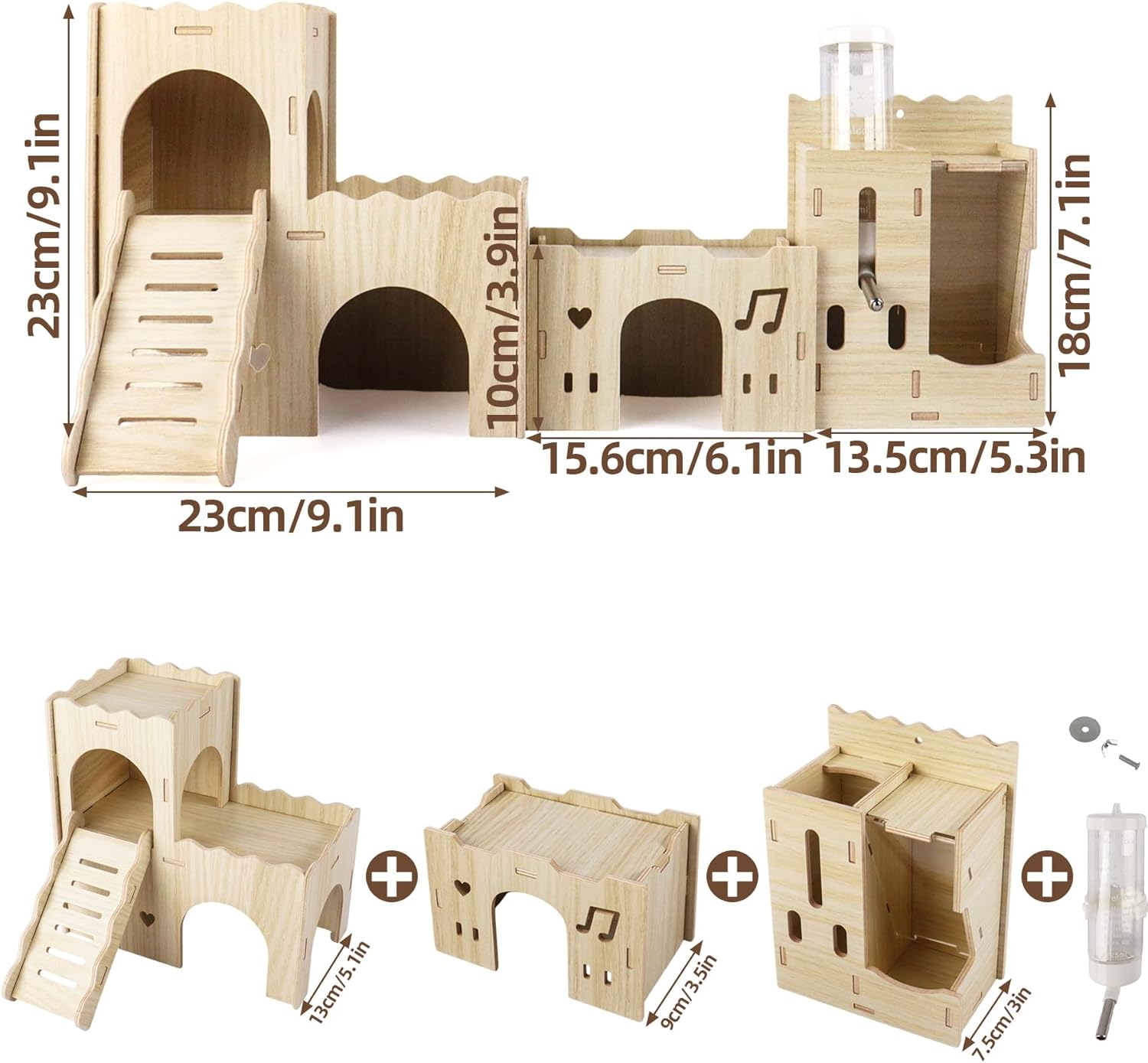 Hamster Hideout House, Multi-Chamber Hamster Castle with Water Bottle, Large Wooden Mouse Playground with Climbing Ladder, Habitat for Syrian Dwarf Gerbils Mice and Small Pets