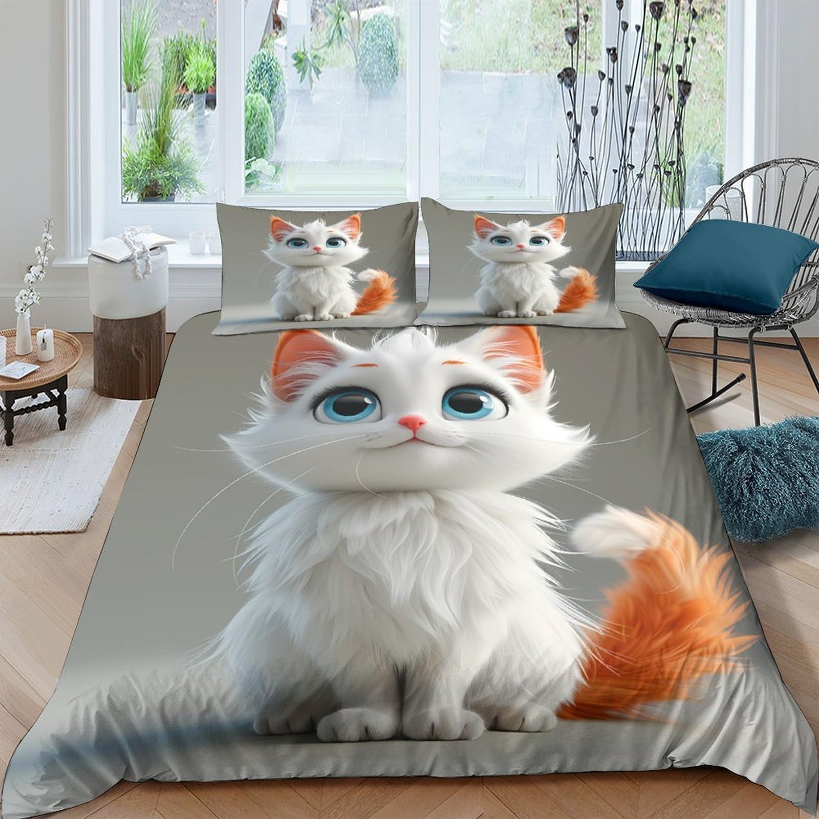 Ctjqhvkz Style-10 3D Printed White Fluffy Cat Fitted Sheet Microfiber Soft Orange Tail Cartoon Bed Cover For Bedroom Dorm Mattress Decor Single（135X200cm）