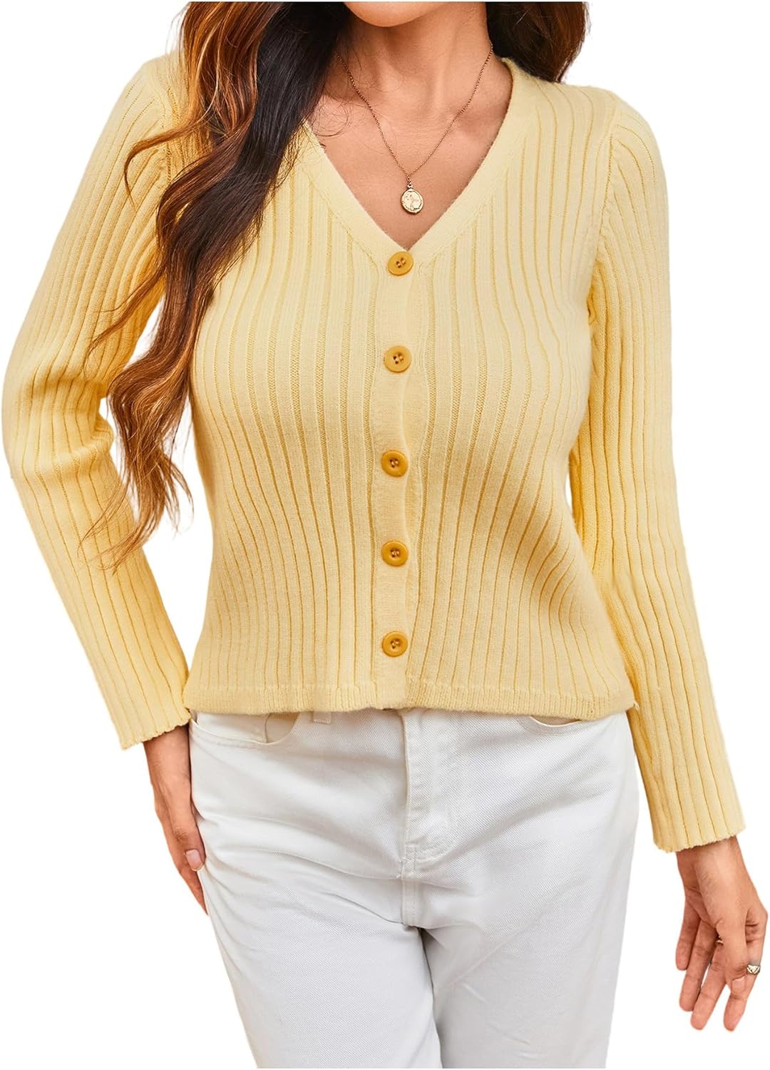 MakeMeChic Women's Elegant Cozy Cardigan Sweater Long Sleeve Button Down Knitted Pullover Sweater Fall Clothes