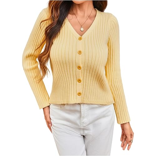 MakeMeChic Women's Fall Button Down Cardigan Long Sleeve V Neck Rib Knitted Pullover Sweaters